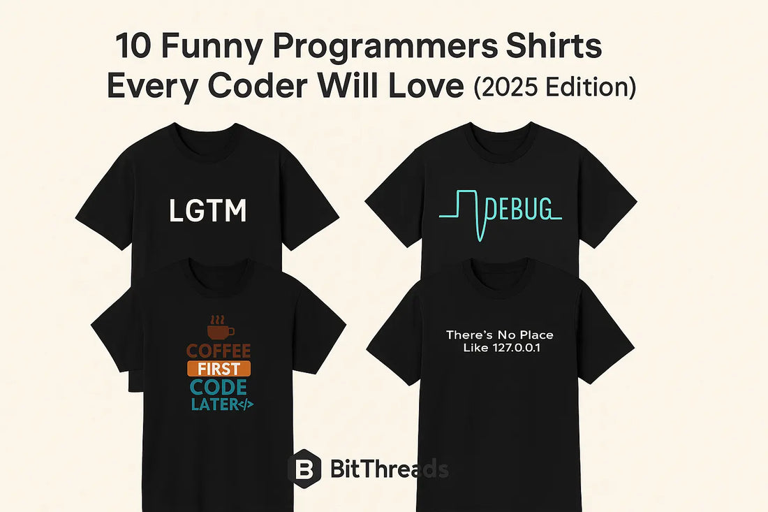 Funny programmer shirts collage – LGTM, Build > Buy, Debug designs – BitThreads 2025”