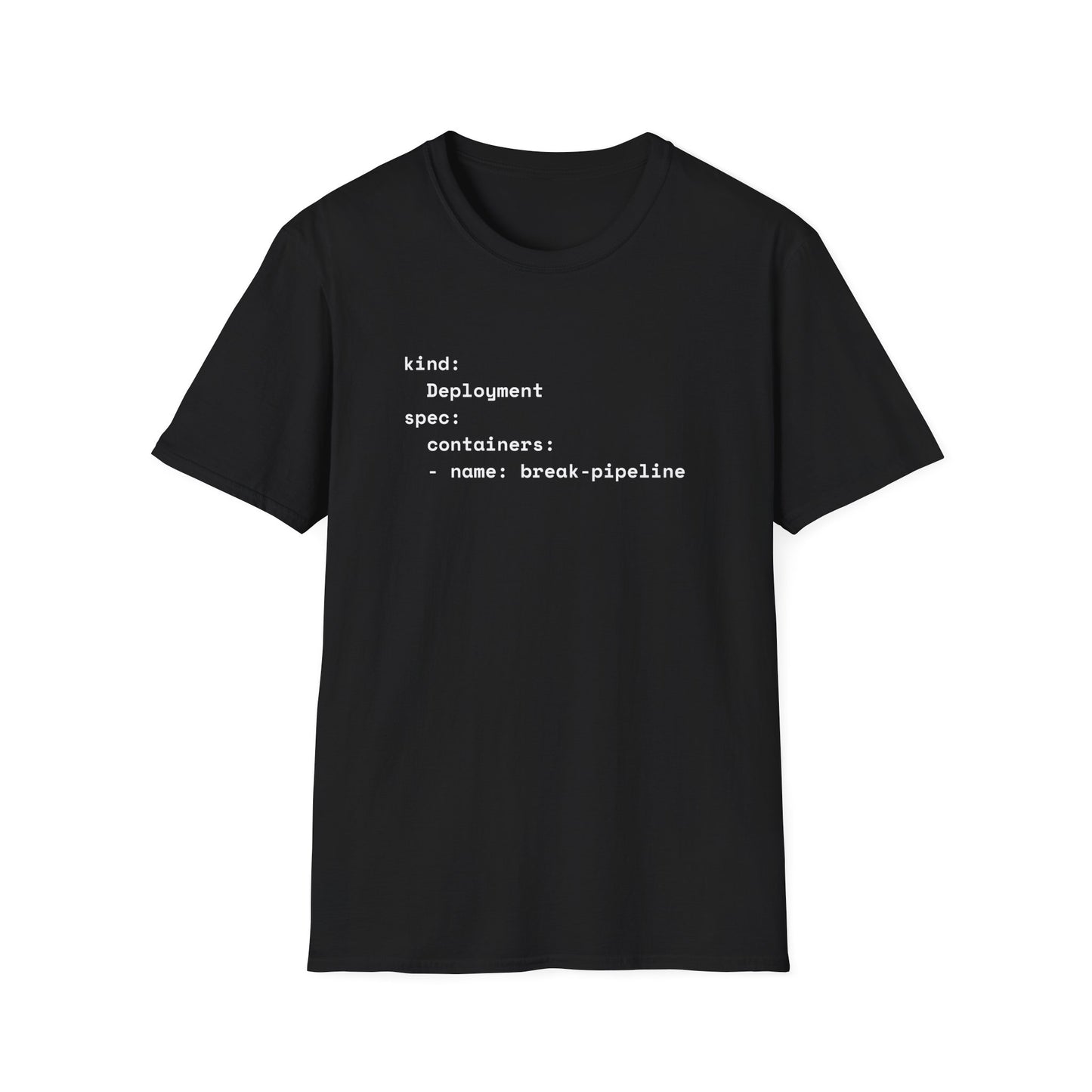 Coder humor t-shirts with YAML break-pipeline design in black – funny DevOps gift for programmers.