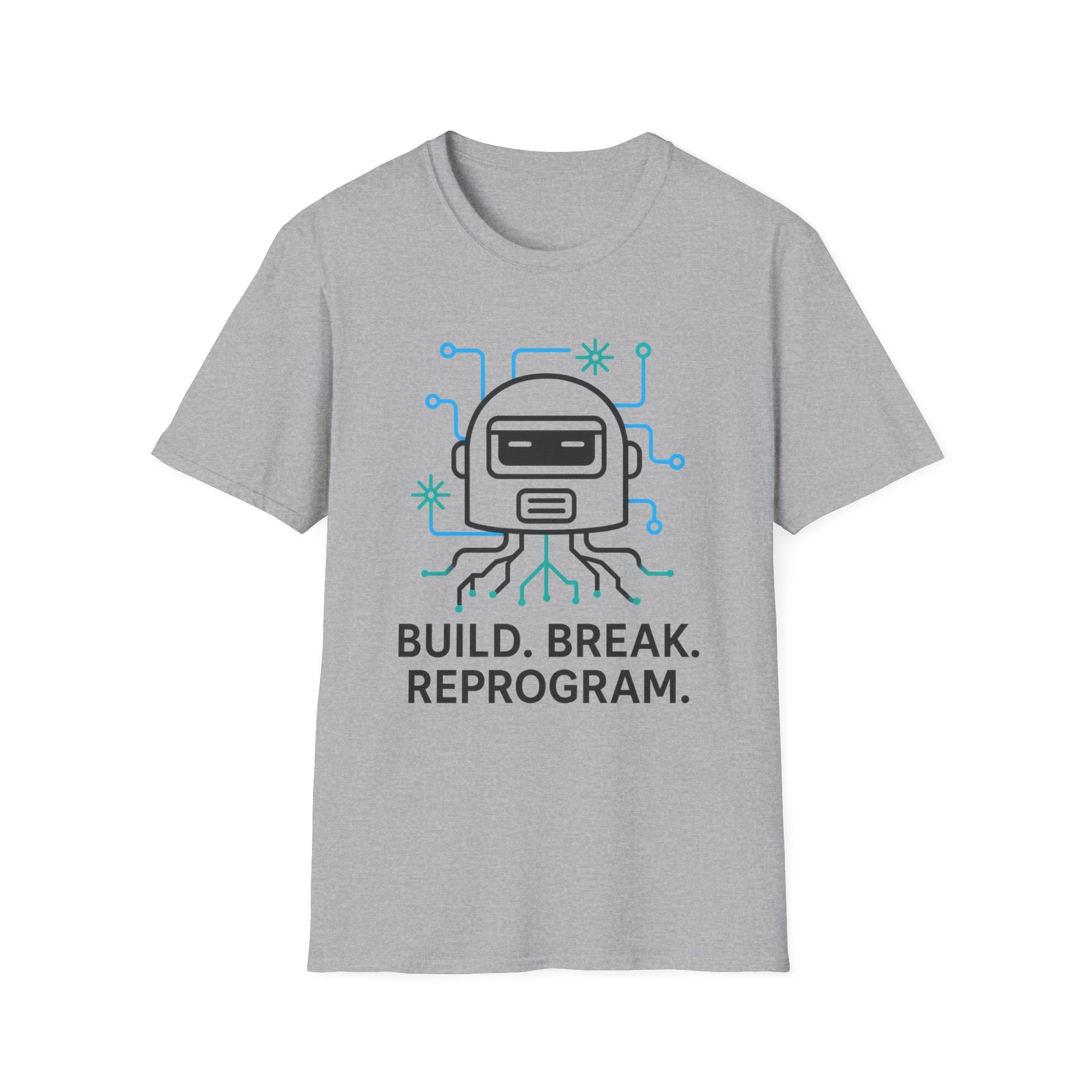 Build. Break. Reprogram design on a light gray t-shirt | hacker gift, hobby shirt
