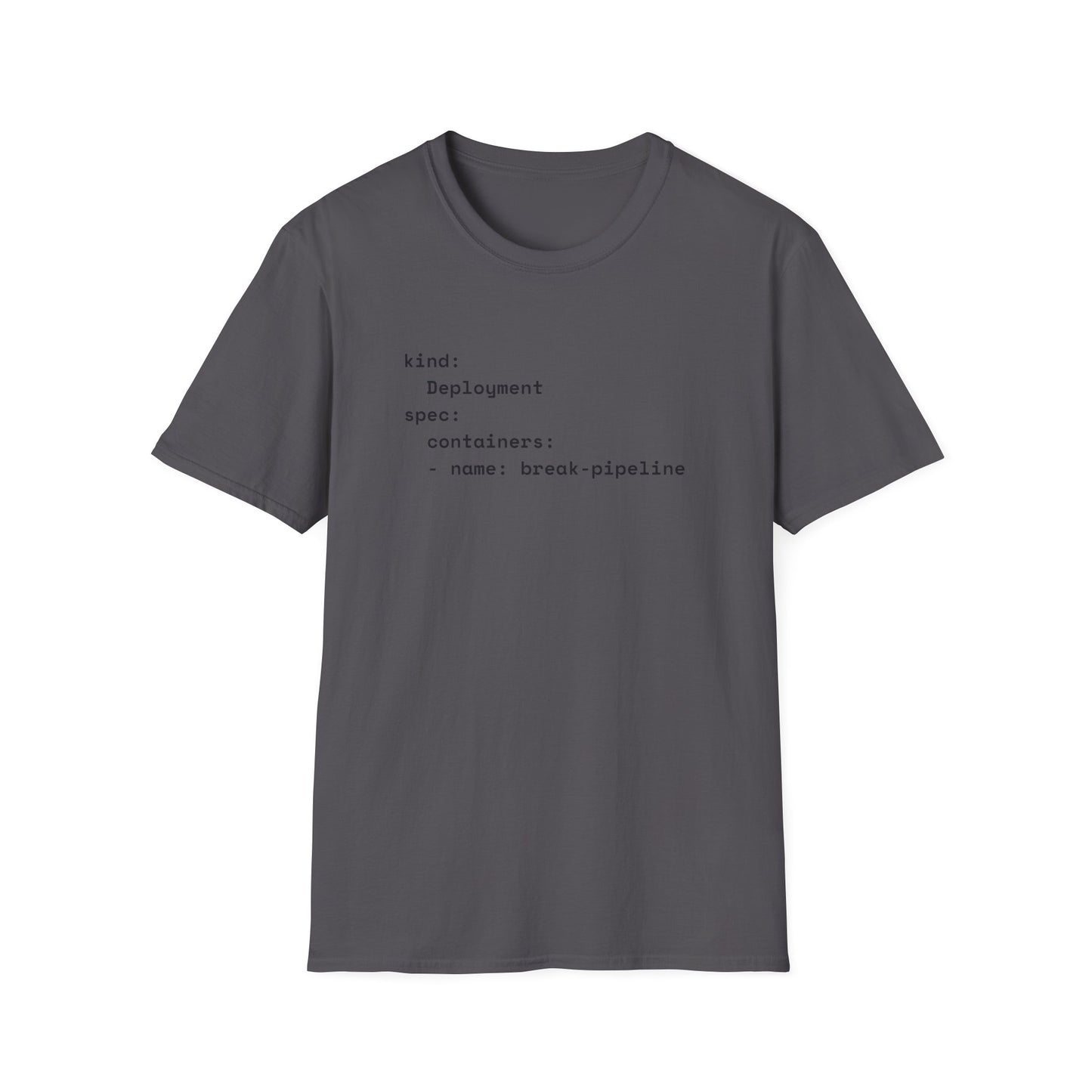 Coder humor t-shirts with YAML break-pipeline design in charcoal – funny DevOps gift for programmers.