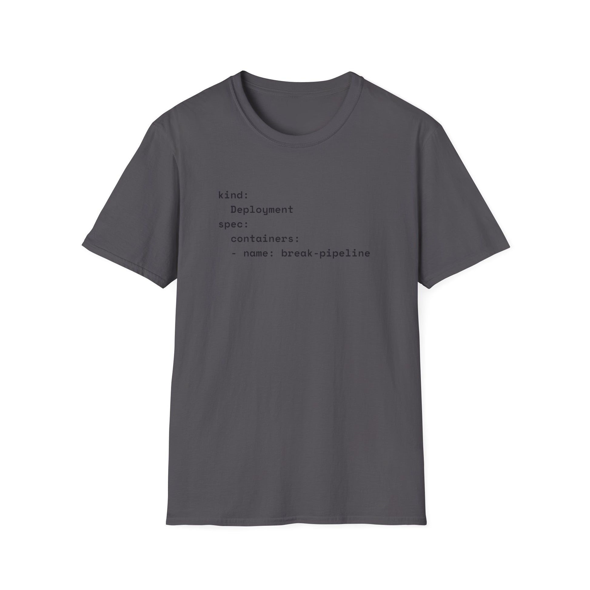 Coder humor t-shirts with YAML break-pipeline design in charcoal – funny DevOps gift for programmers.