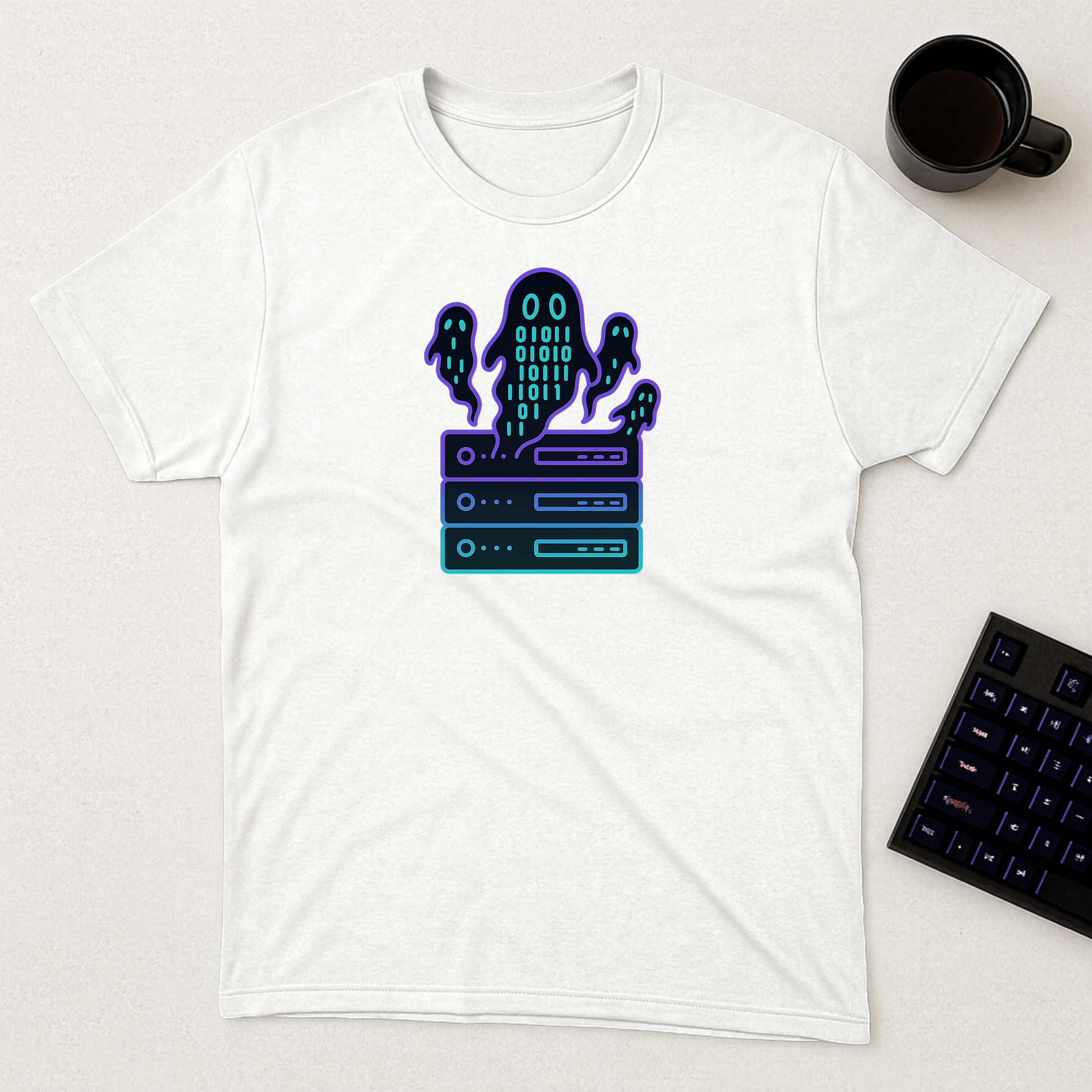 Ghost in the machine design on white t-shirt | hacker gift, halloween shirt
