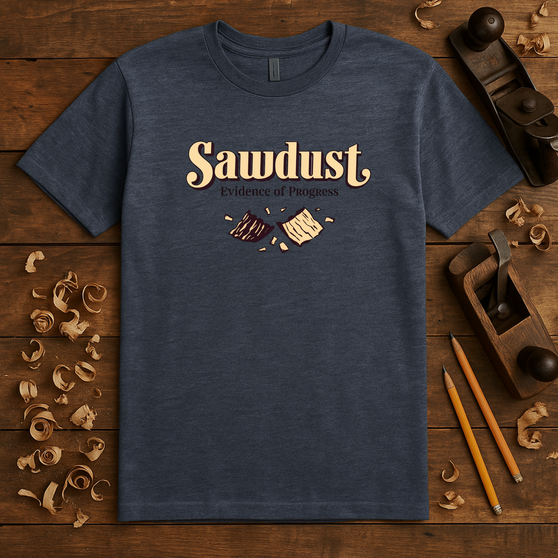 Sawdust, evidence of progress design on navy t-shirt | dad gift, woodworker shirt