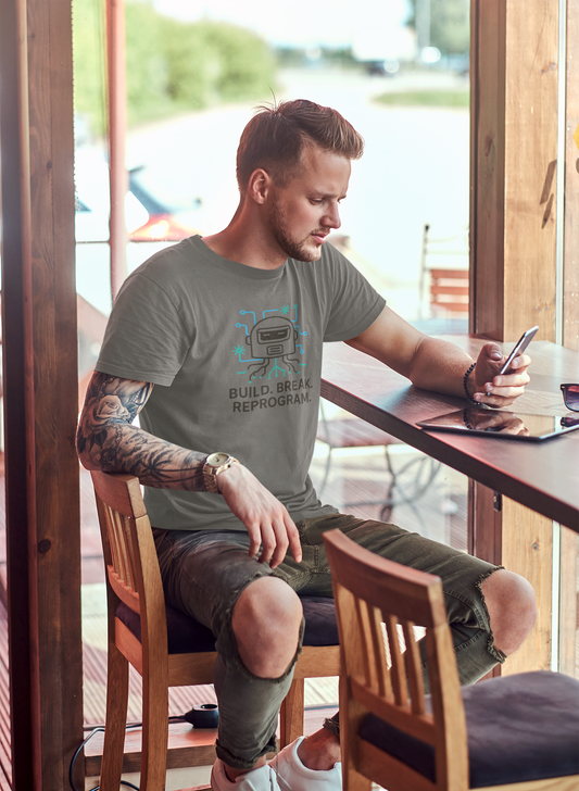 Build. Break. Reprogram design on green t-shirt | hacker gift, hobby shirt