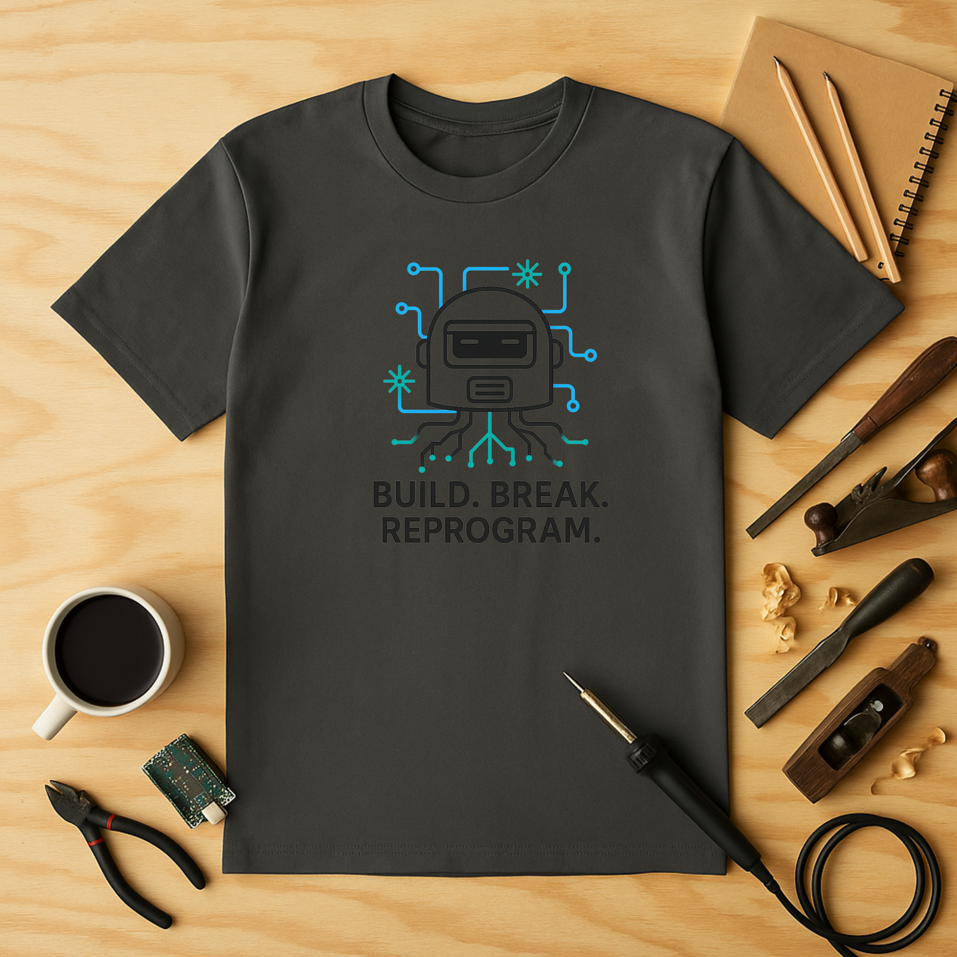 Build. Break. Reprogram design on charcoal t-shirt | hacker gift, hobby shirt