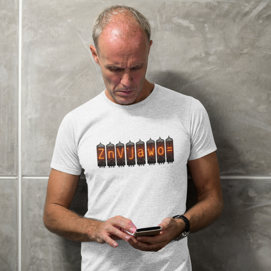 Nixie Tube Cryptic design on a white t-shirt | hacker gift, hobby shirt, electronics tee