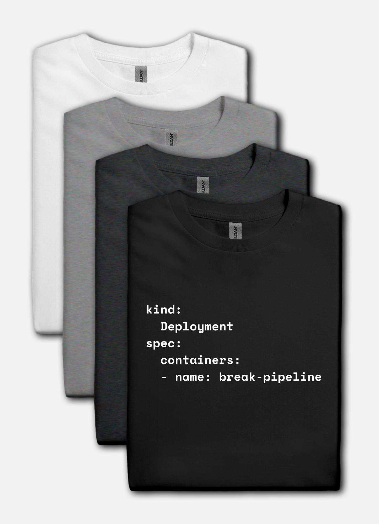 Coder humor t-shirts with YAML break-pipeline design in multiple colors – funny DevOps gift for programmers.