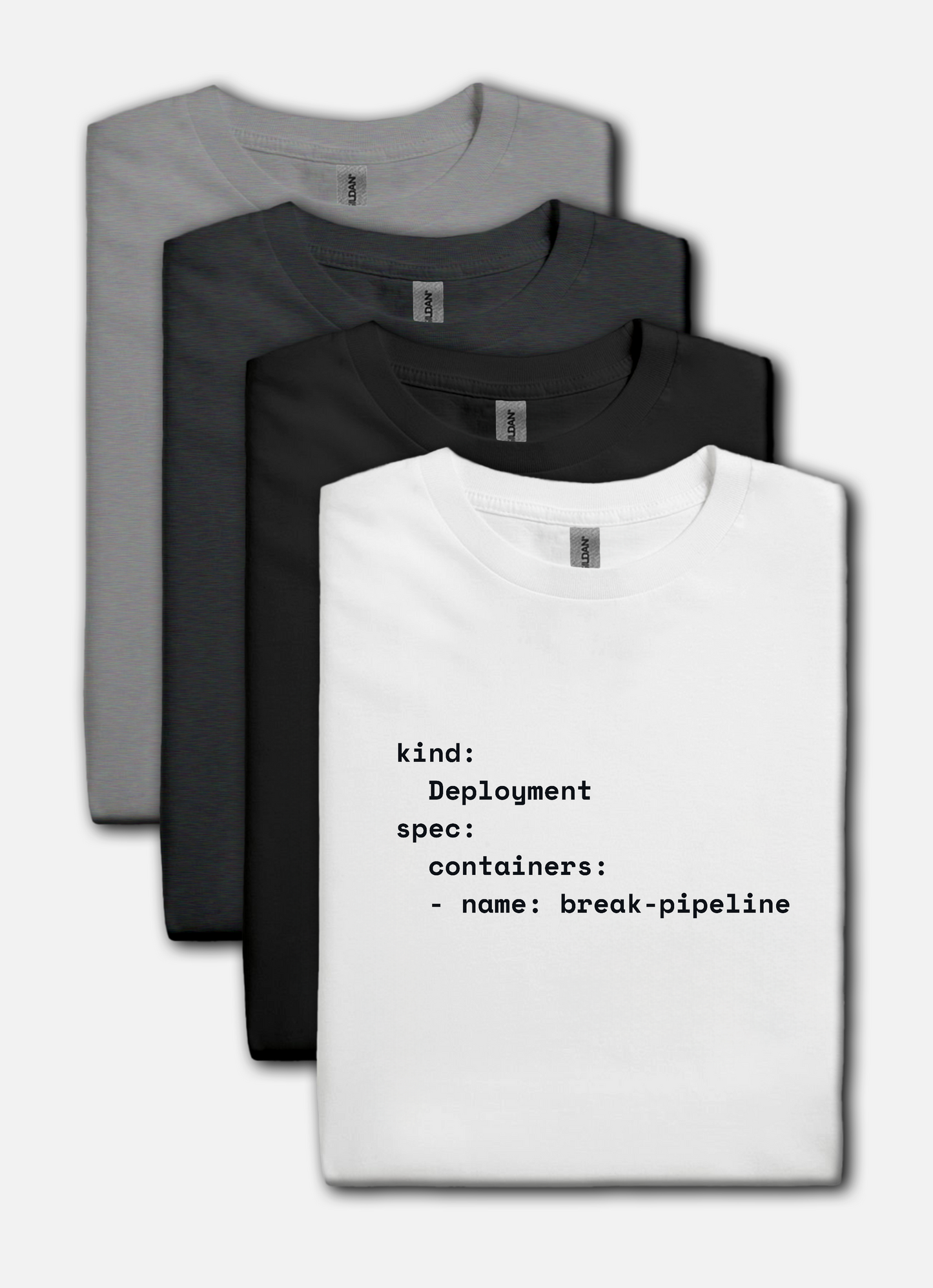 Coder humor t-shirts with YAML break-pipeline design in multiple colors – funny DevOps gift for programmers.