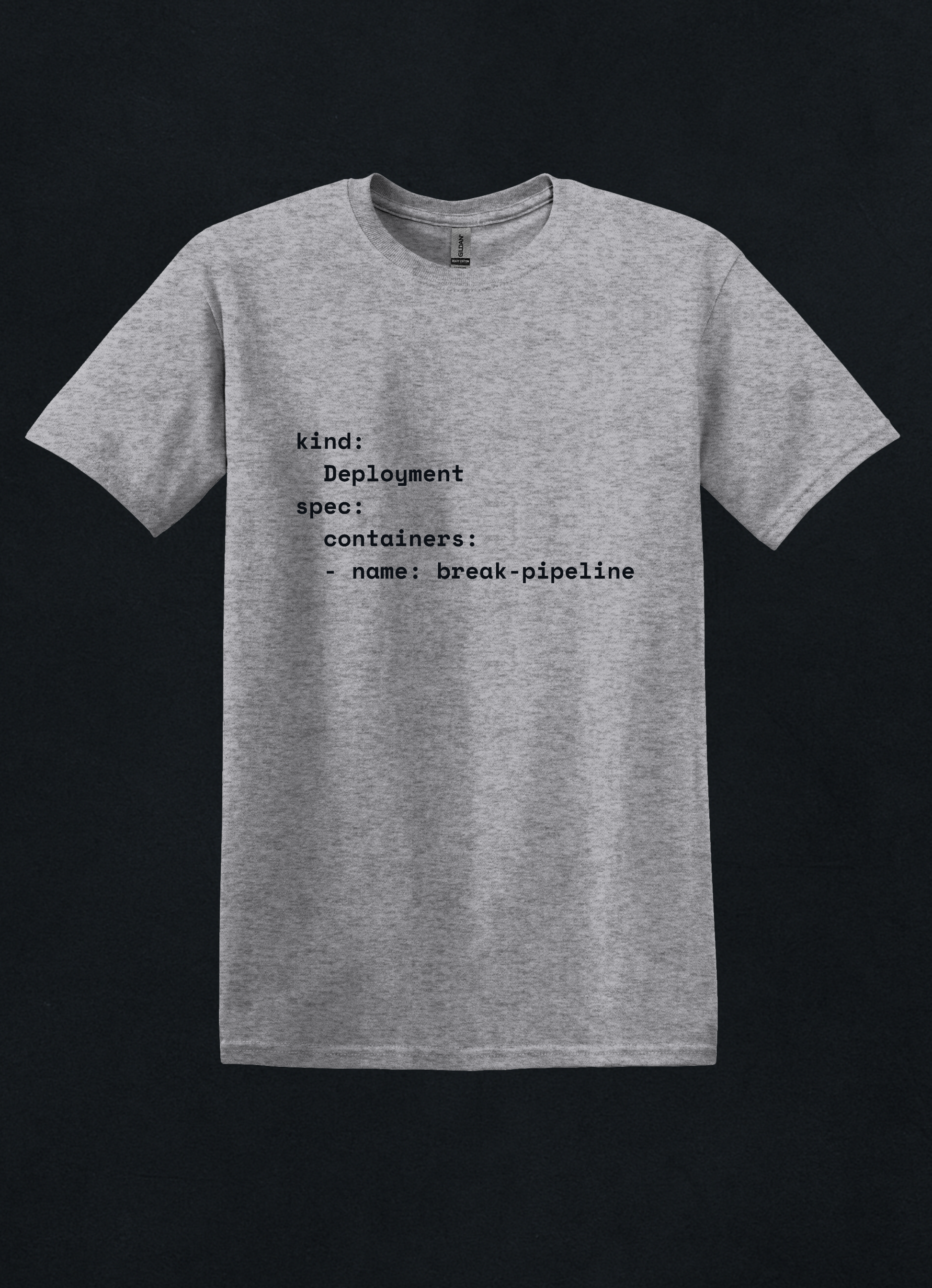 Coder humor t-shirts with YAML break-pipeline design in sport grey – funny DevOps gift for programmers.