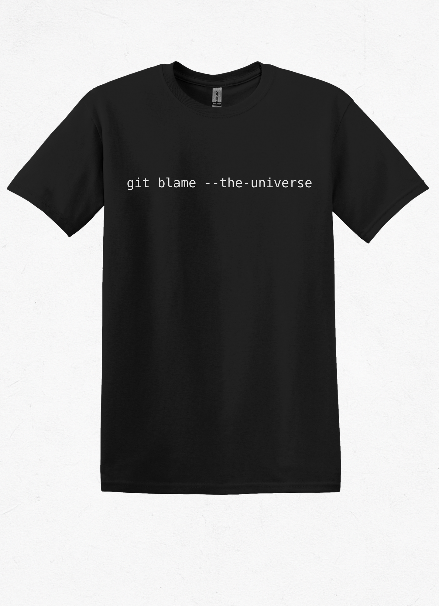 Monospaced text “git blame --the-universe” centered on a transparent background
