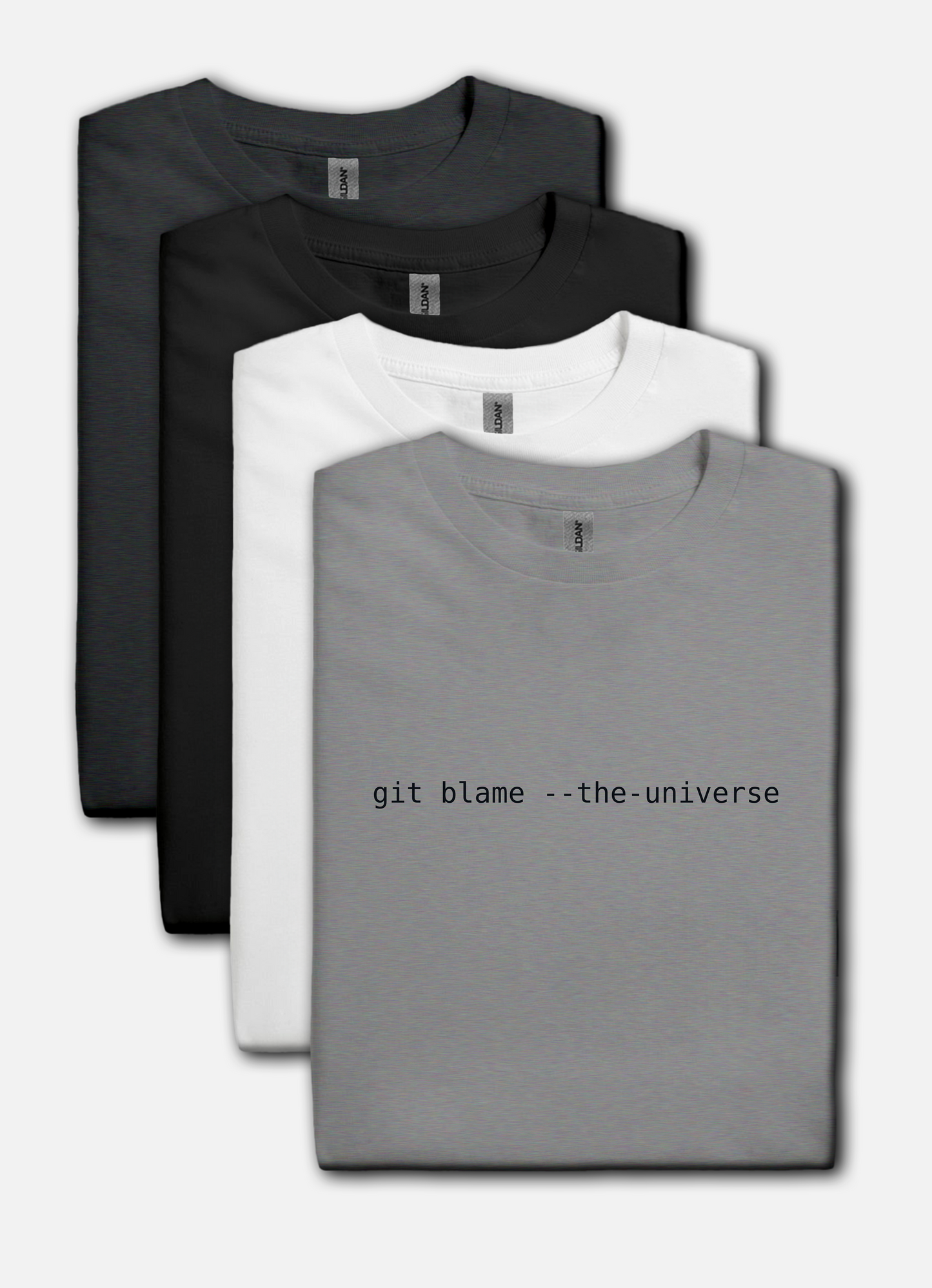 Monospaced text “git blame --the-universe” centered on a transparent background
