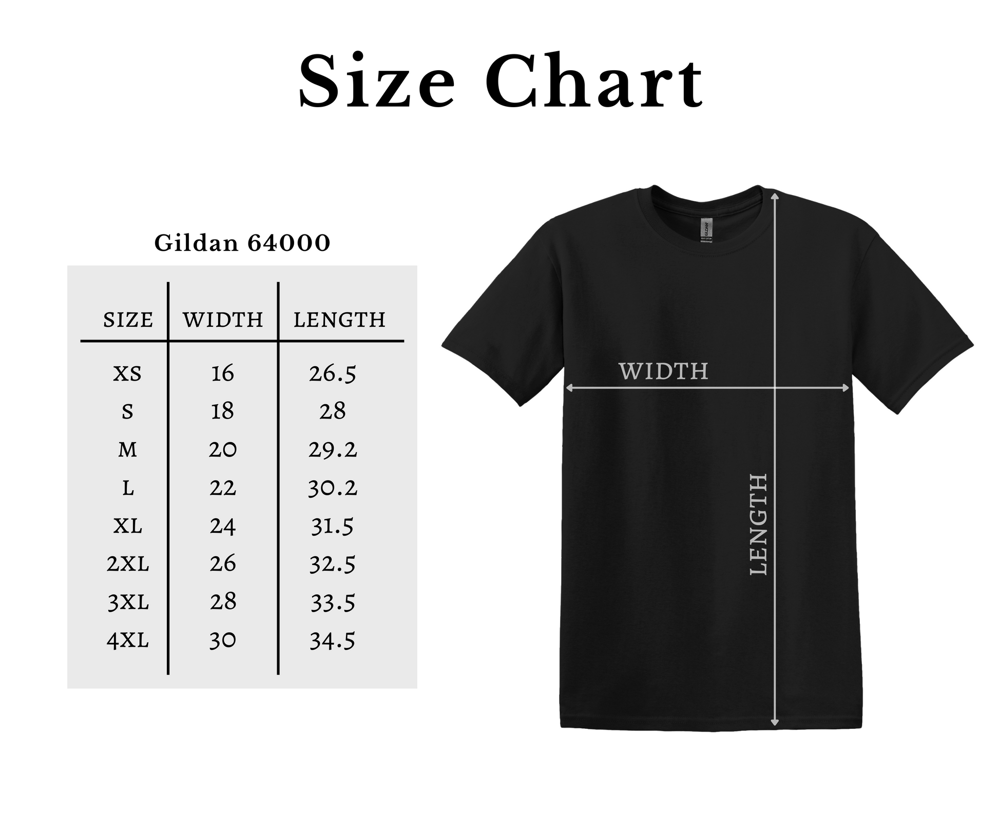 Black t-shirt with size chart on a white background