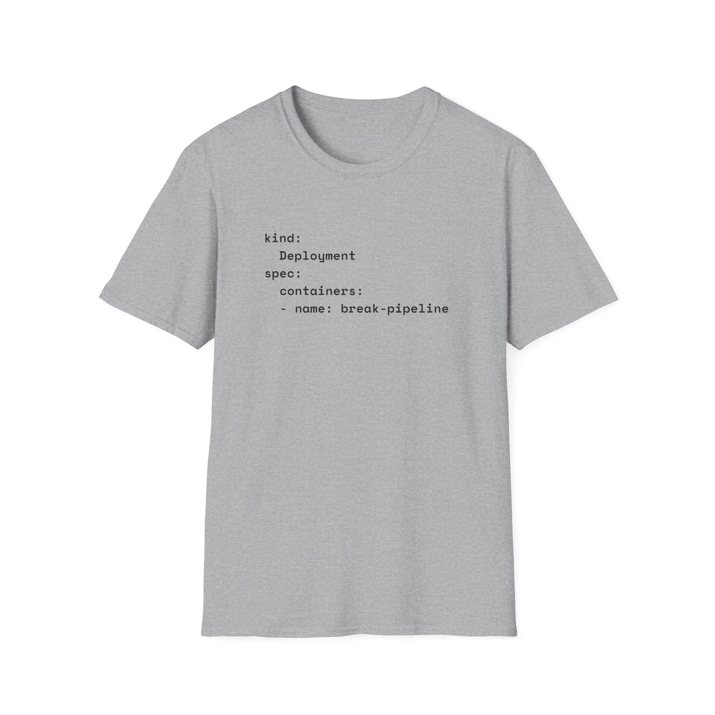 Coder humor t-shirts with YAML break-pipeline design in grey – funny DevOps gift for programmers.