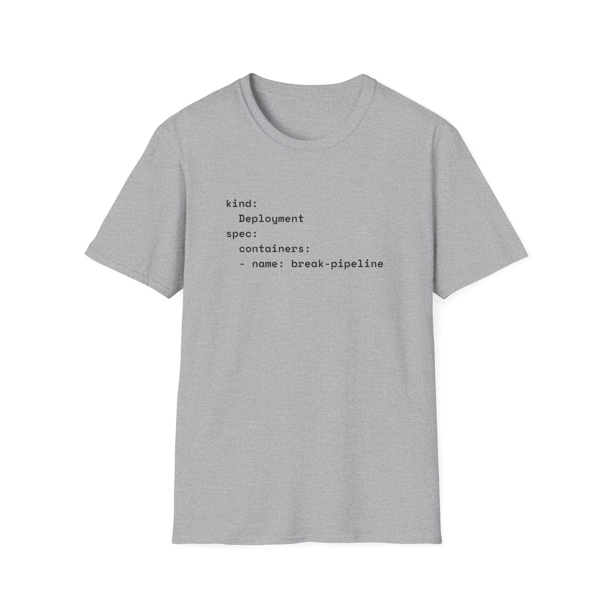 Coder humor t-shirts with YAML break-pipeline design in grey – funny DevOps gift for programmers.