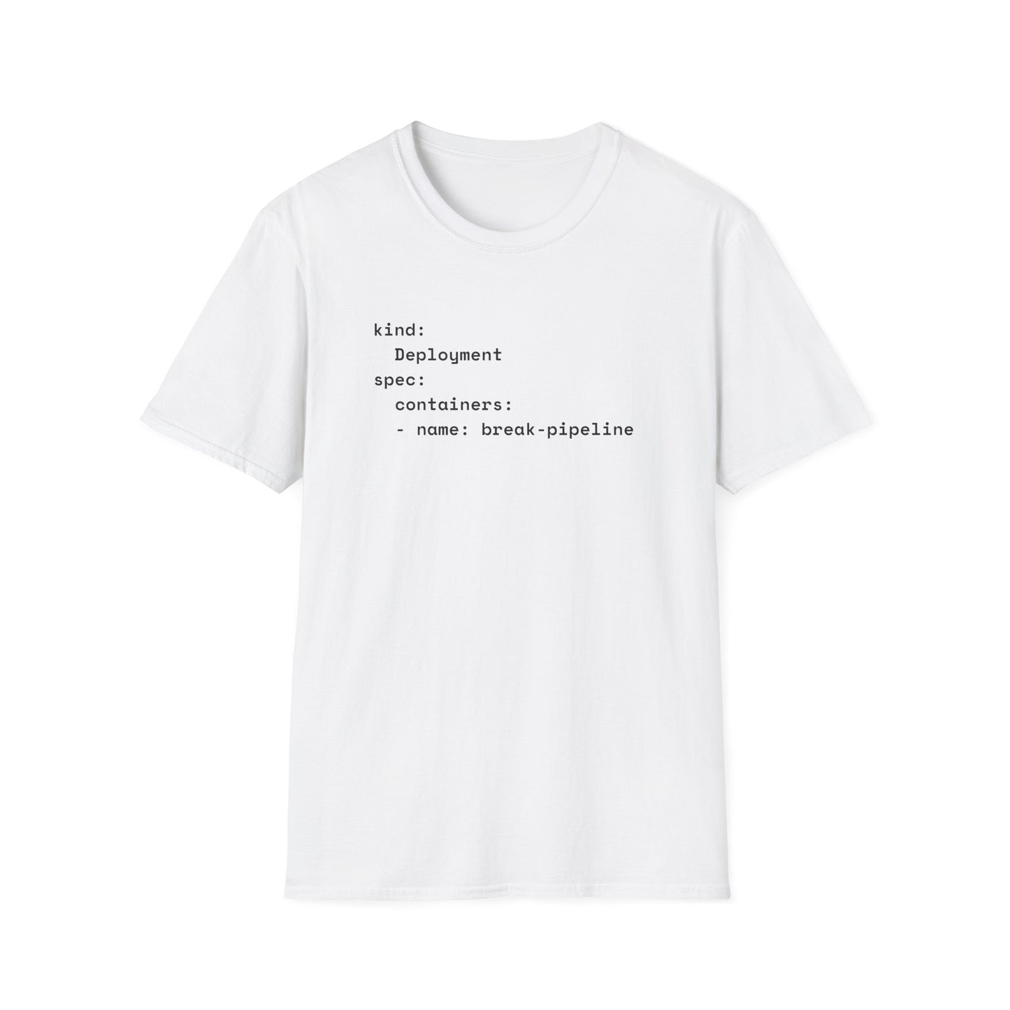 Coder humor t-shirts with YAML break-pipeline design in white – funny DevOps gift for programmers.