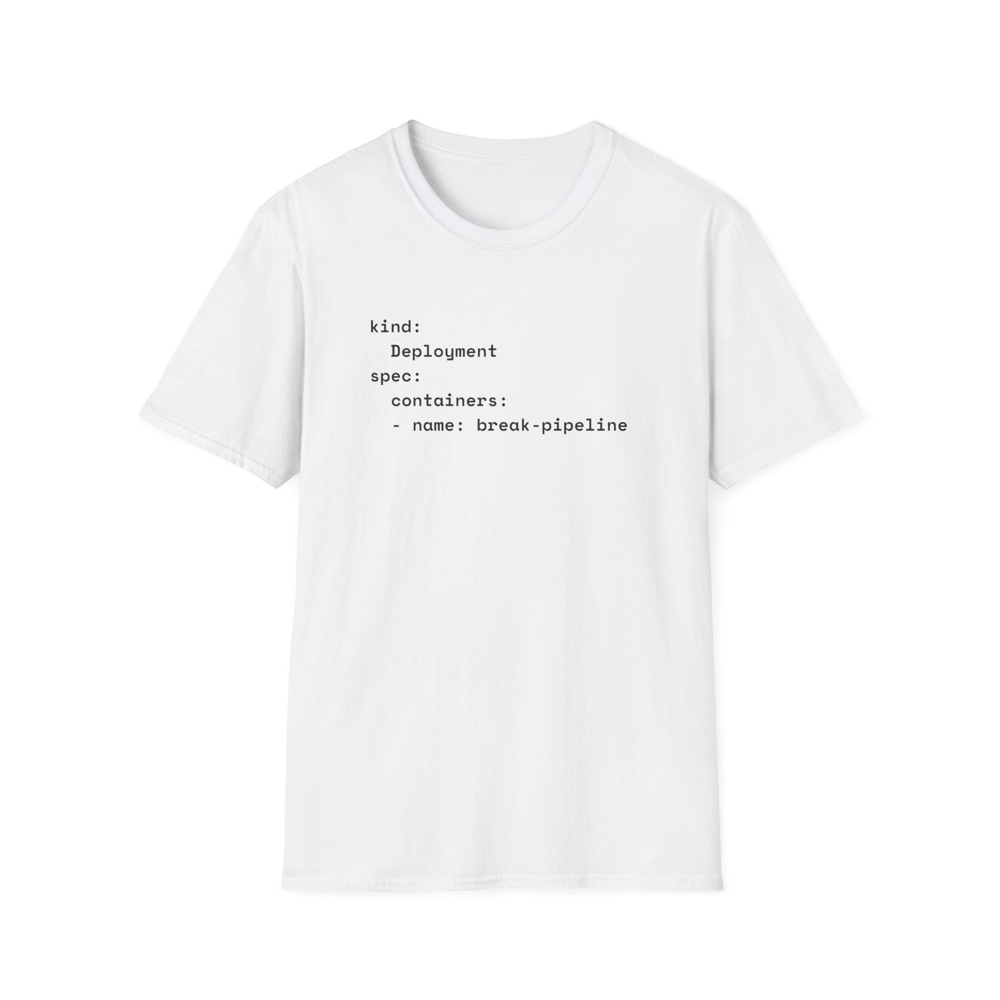 Coder humor t-shirts with YAML break-pipeline design in white – funny DevOps gift for programmers.