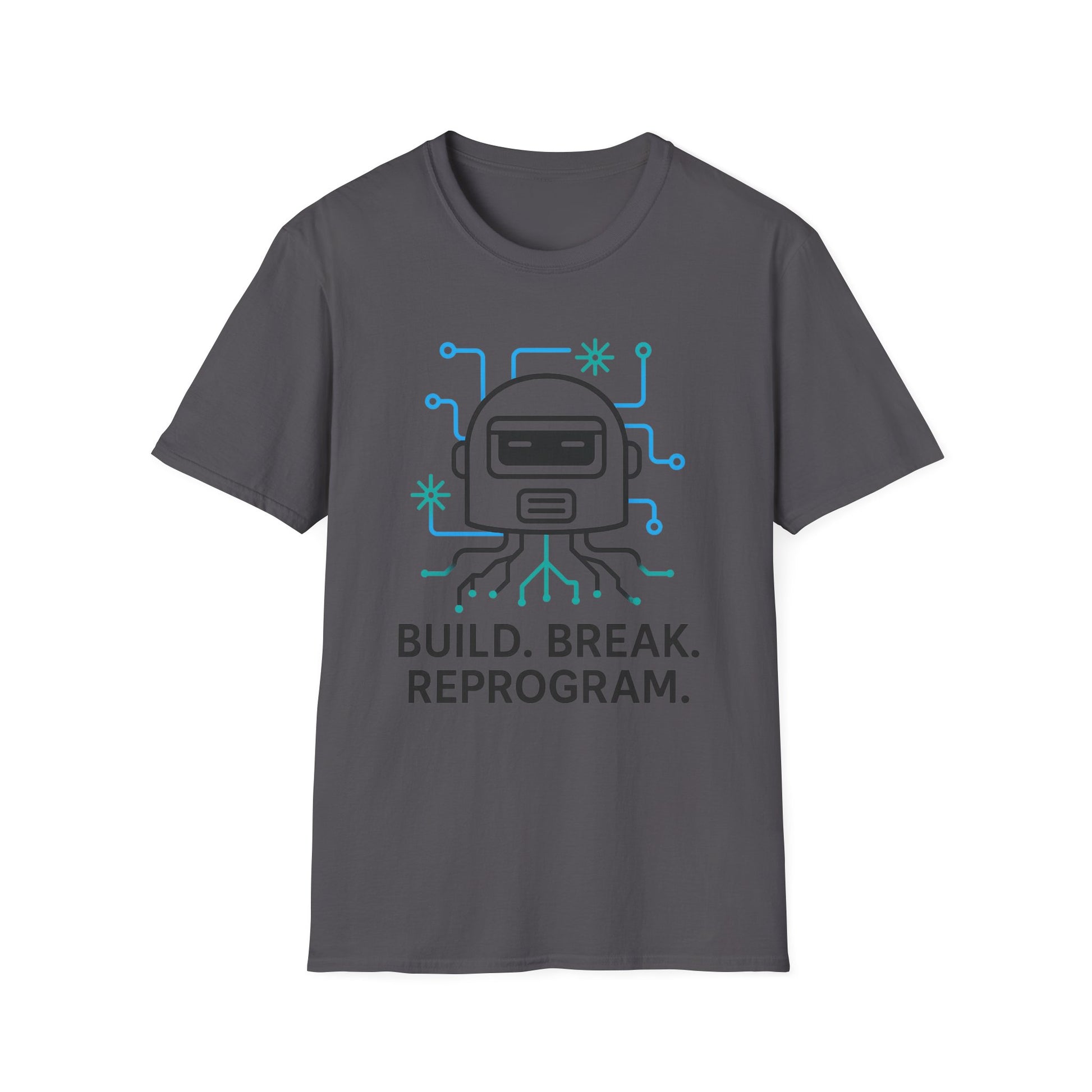 Build. Break. Reprogram design on a charcoal t-shirt | hacker gift, hobby shirt