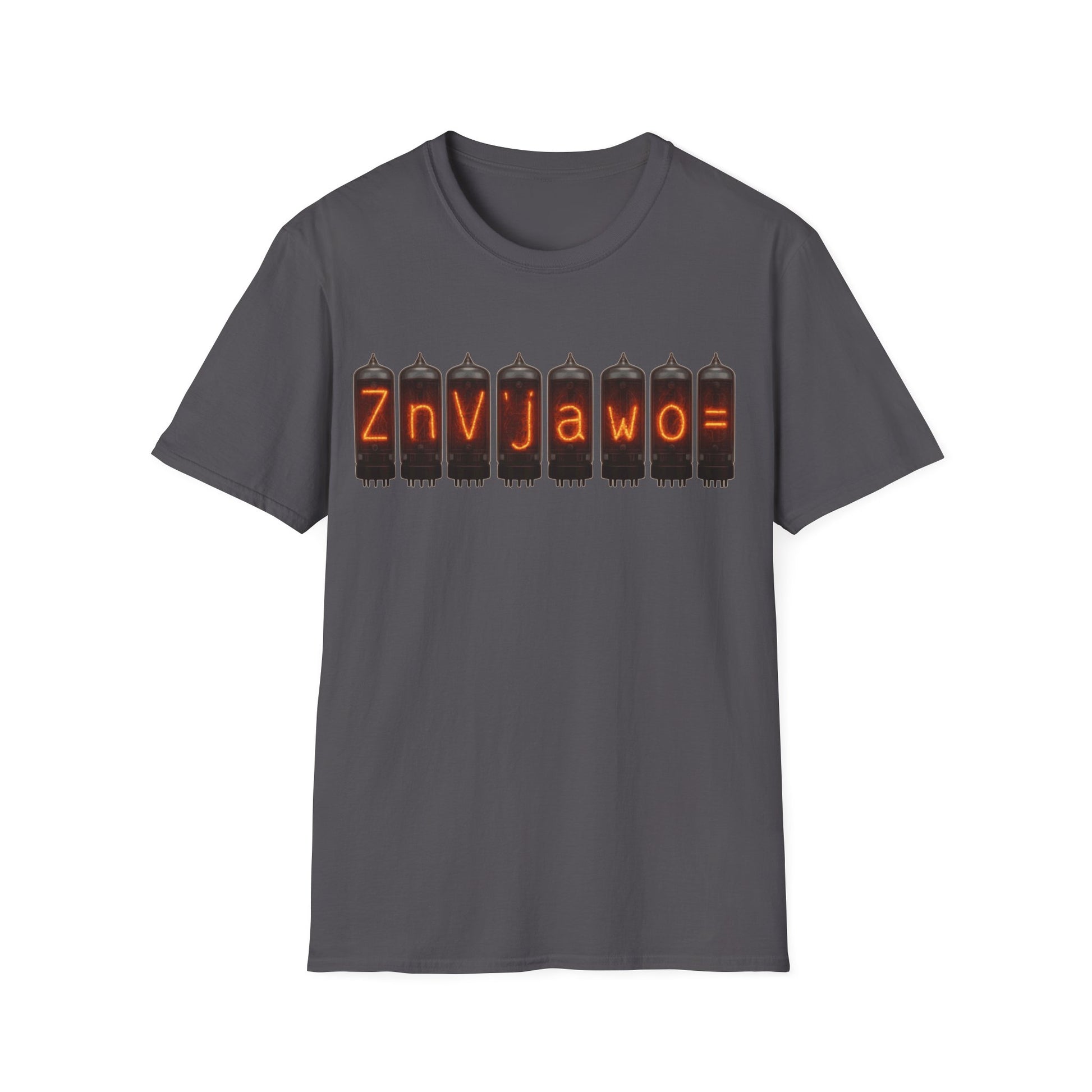 Nixie Tube Cryptic design on a charcoal t-shirt | hacker gift, hobby shirt, electronics tee