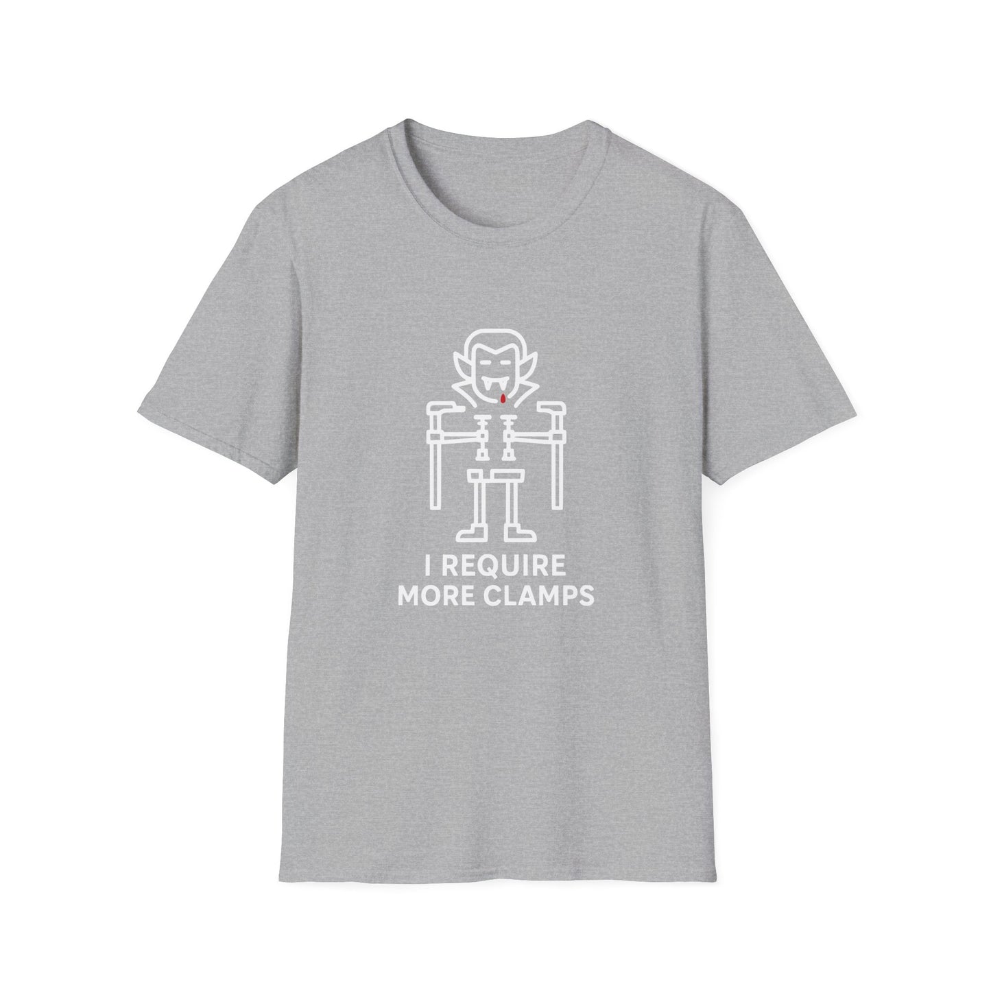 Flat lay of Clampire Halloween T-shirt. White clamp vampire graphic with text ‘I Require More Clamps’ on soft gray cotton tee.