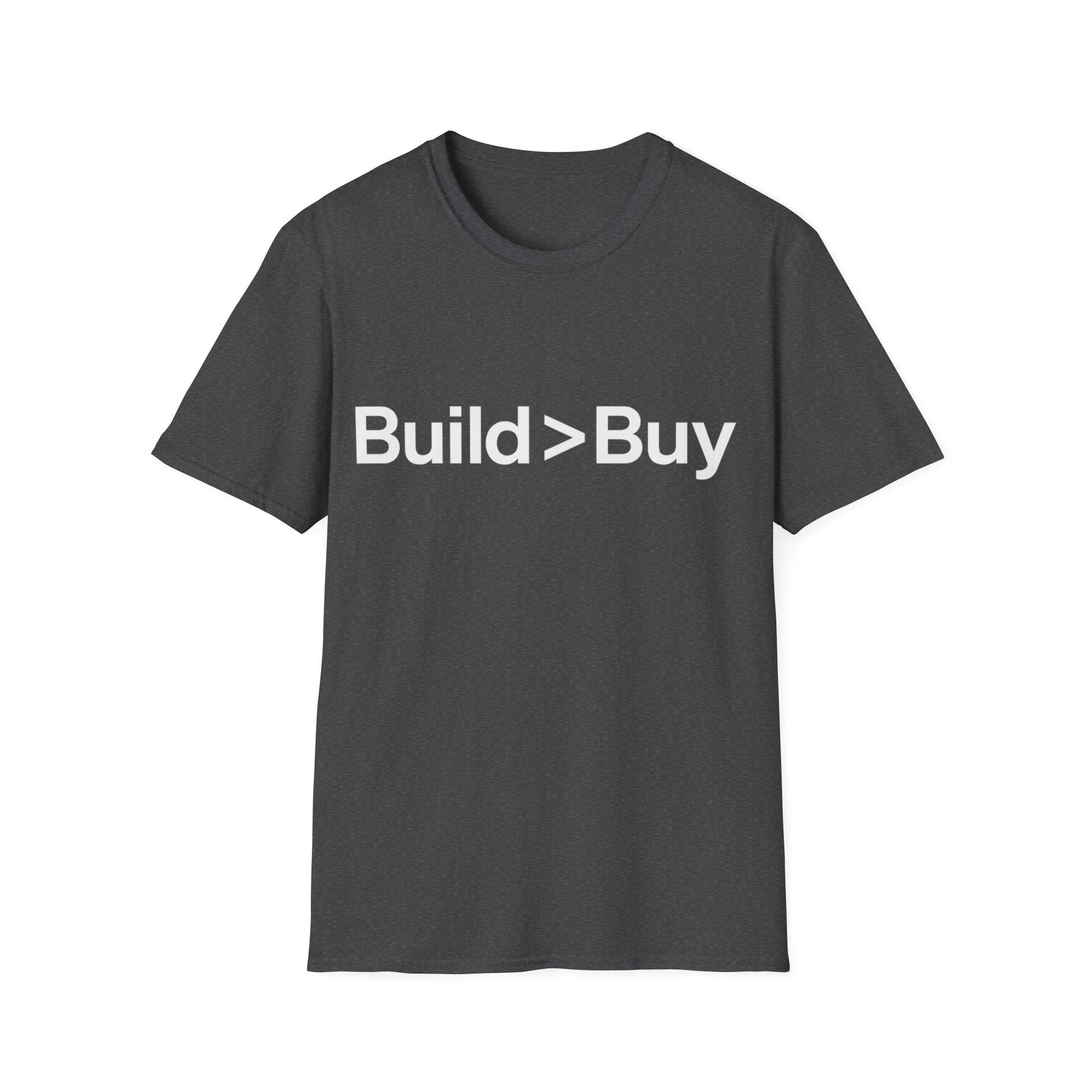 Black t-shirt with 'Build > Buy' text on a white background