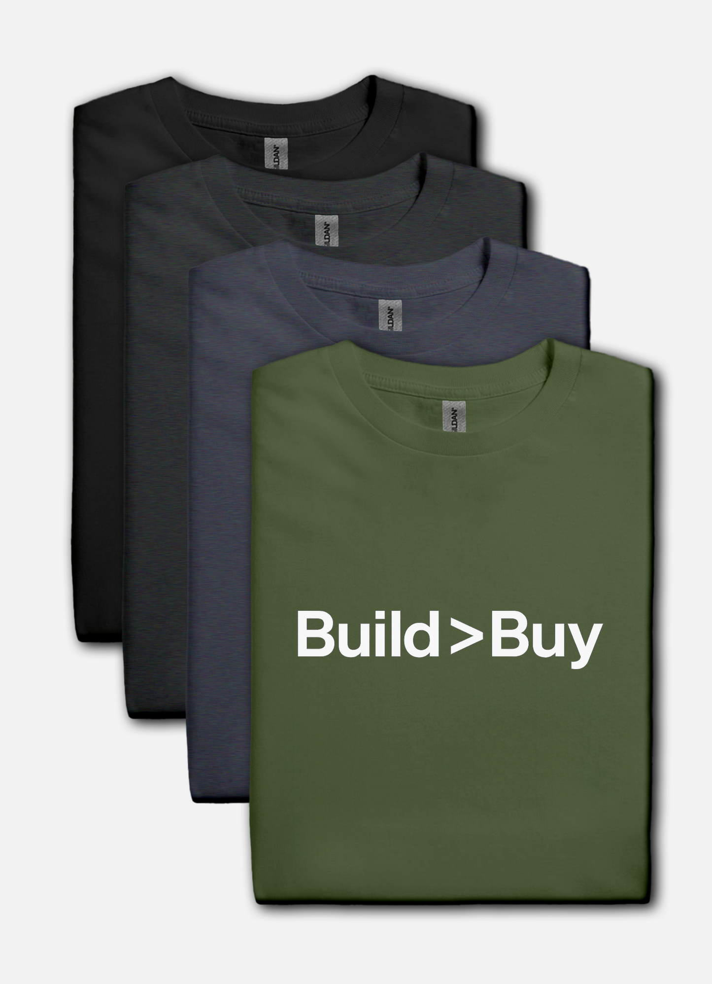 Four t-shirts in black, gray, and green with 'Build > Buy' text on a white background