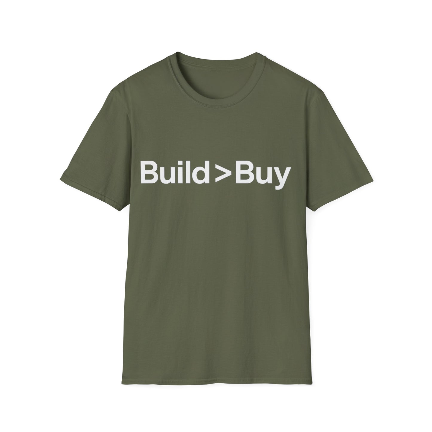 Green t-shirt with 'Build > Buy' text on a white background