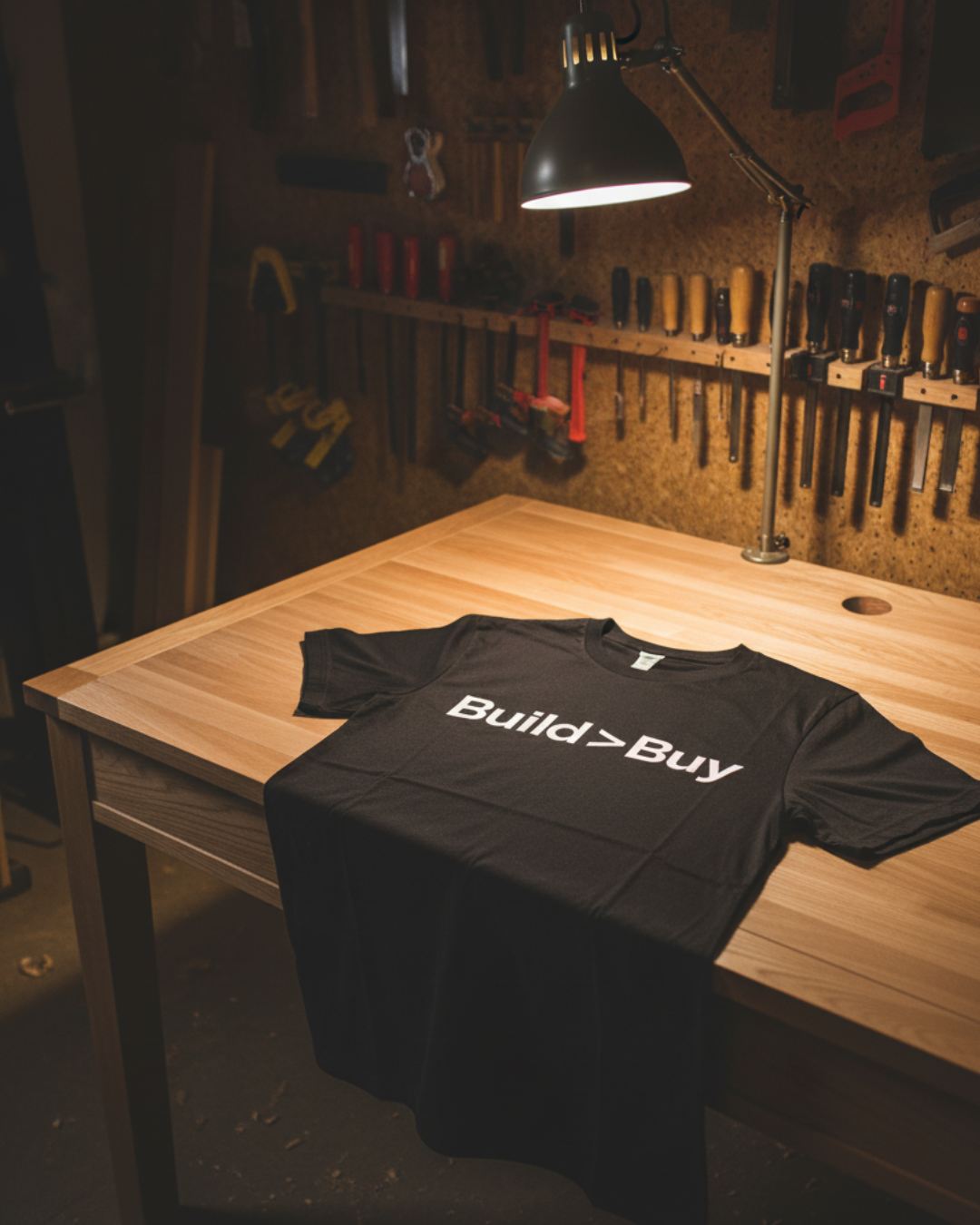 Black t-shirt with 'Build > Buy' text on a wooden workbench in a workshop.