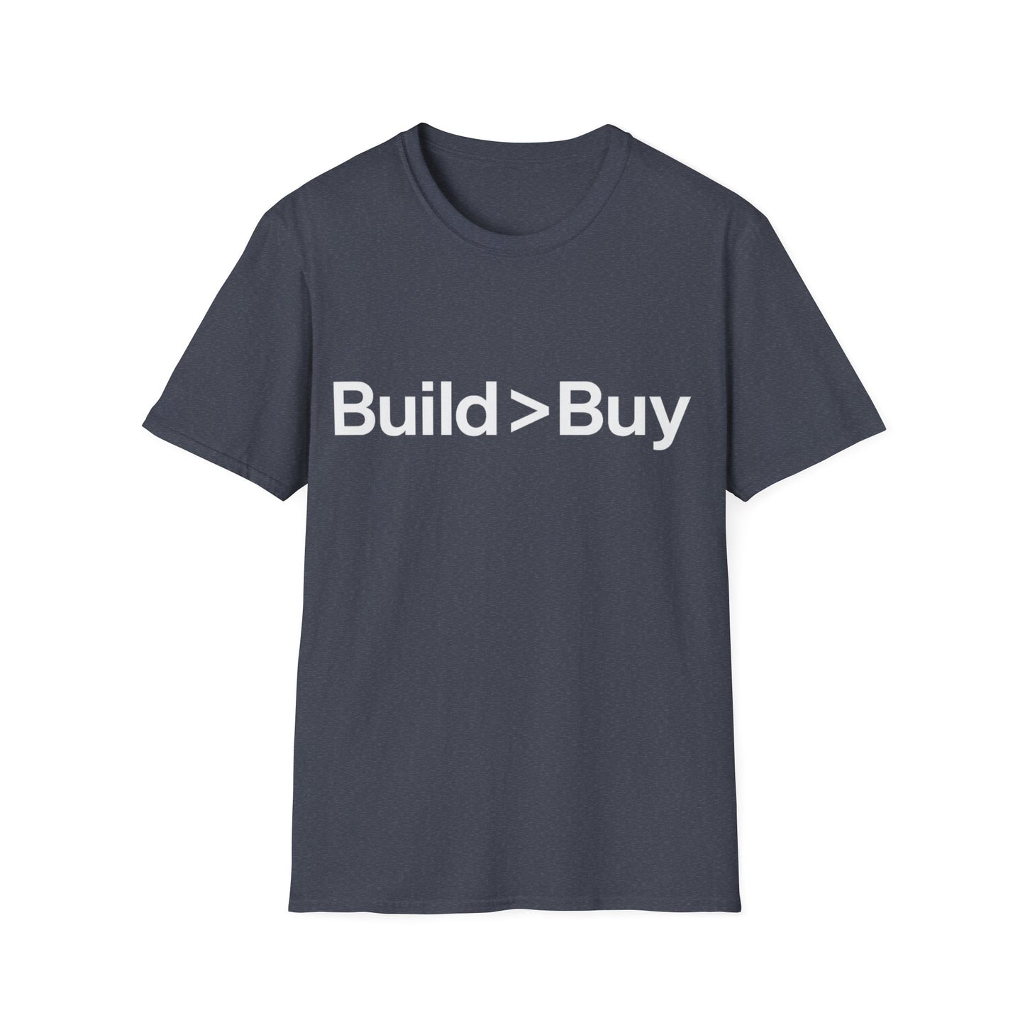 navy heather t-shirt with 'Build > Buy' text on a white background