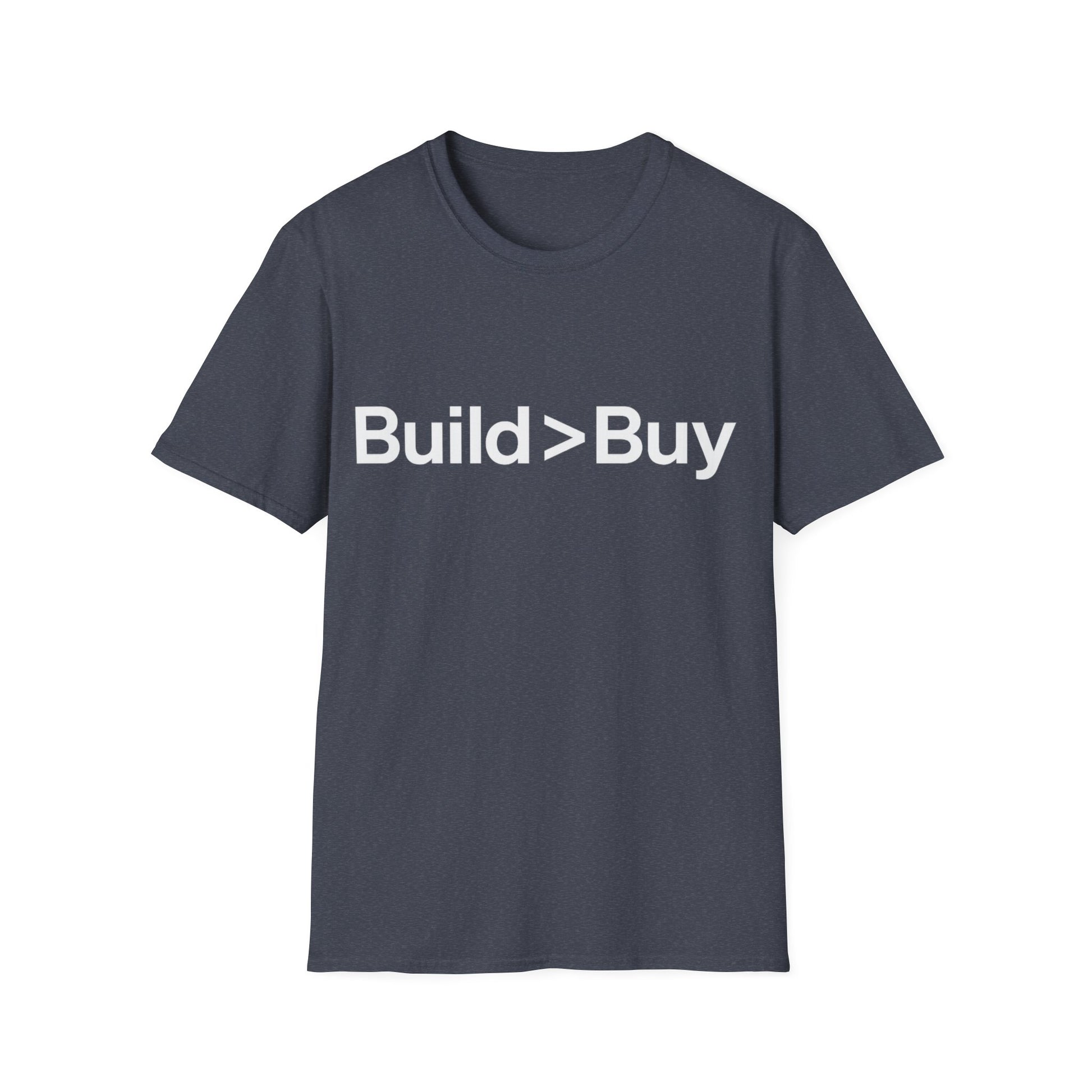 navy heather t-shirt with 'Build > Buy' text on a white background