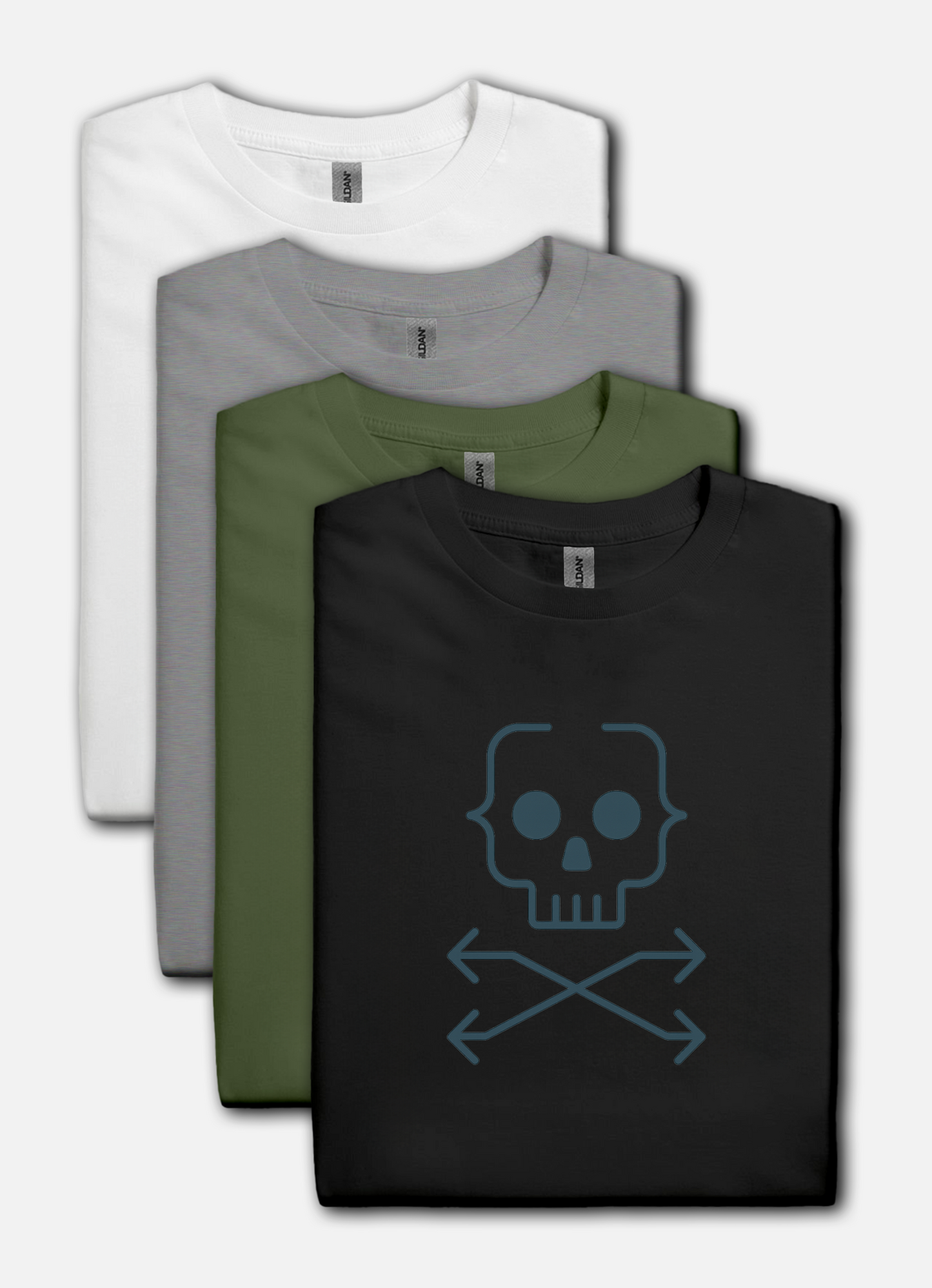 Four t-shirts in white, gray, green, and black with a skull and crossbones design on a white background.