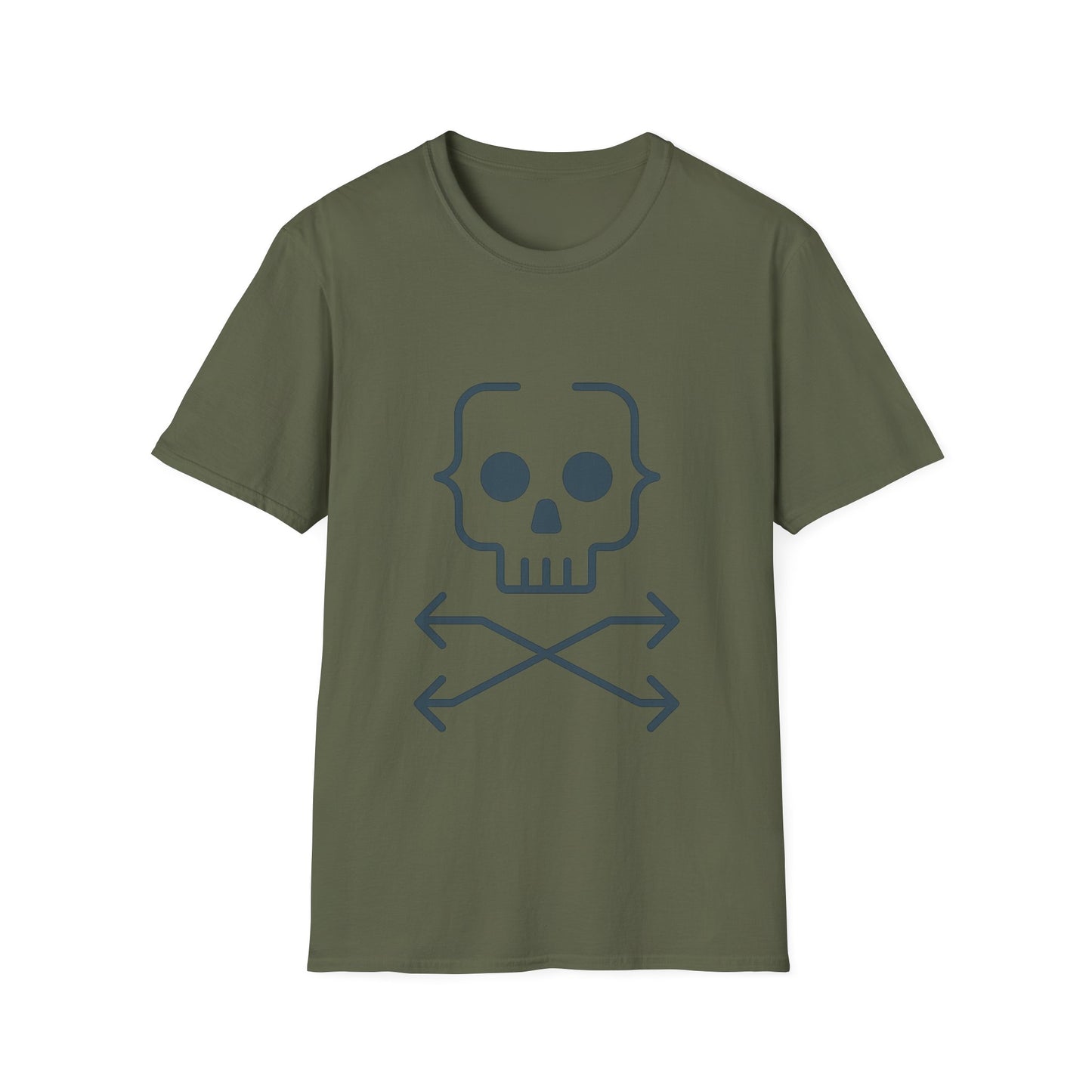 Green t-shirt with a skull and crossbones design on a white background