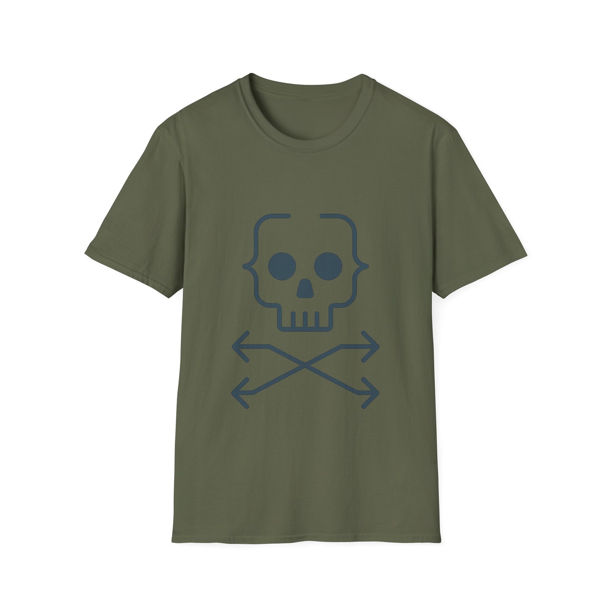 Green t-shirt with a skull and crossbones design on a white background