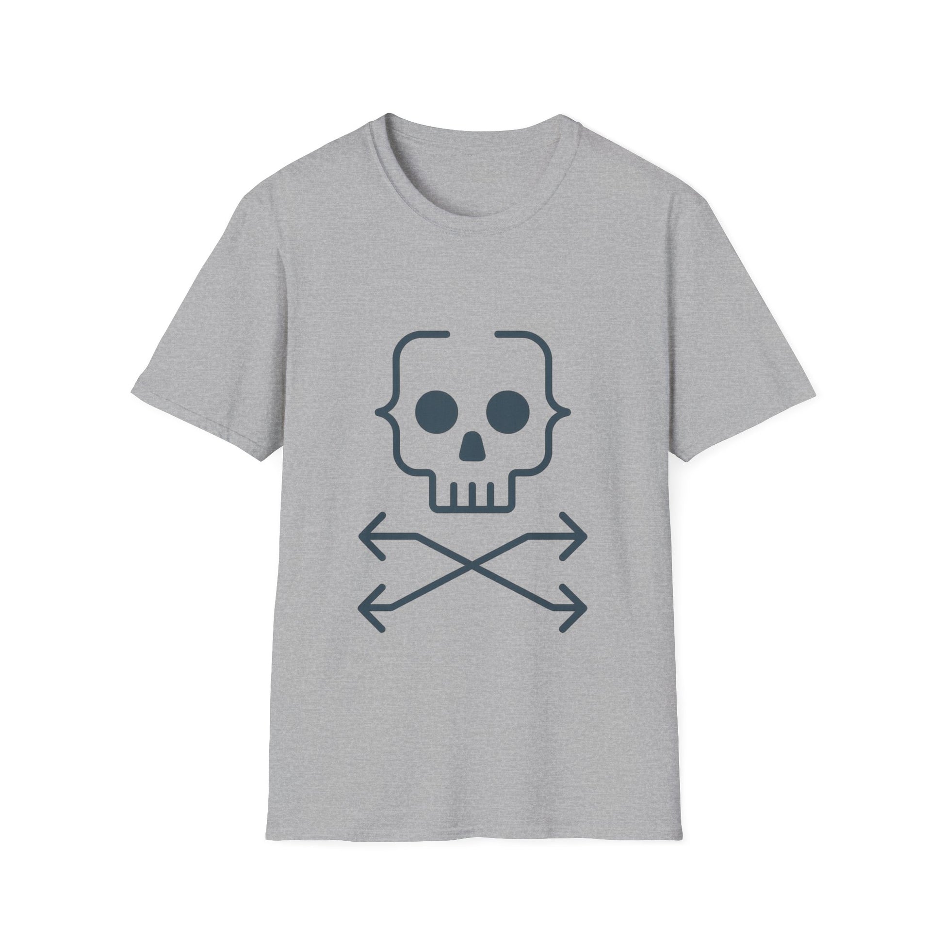 Gray t-shirt with a skull and crossbones design on a white background