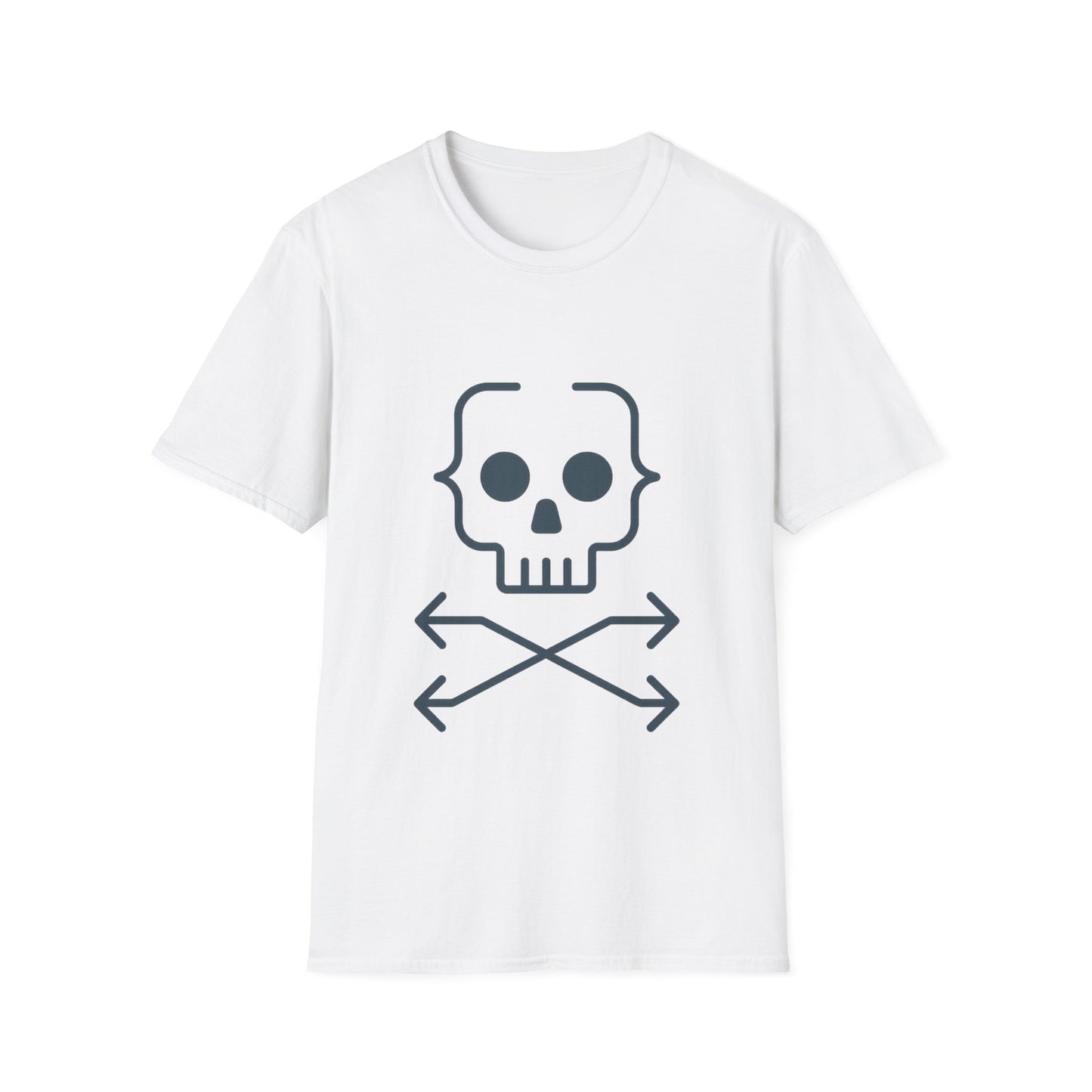 White t-shirt with a skull and crossbones design on a white background
