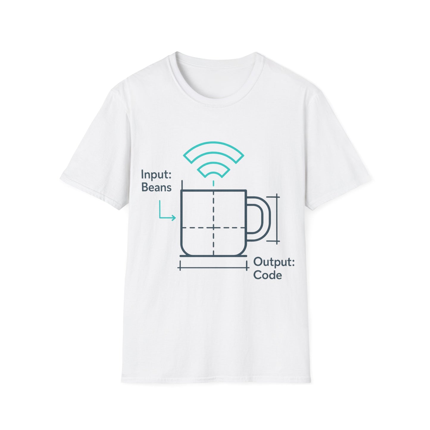 White t-shirt with a graphic design of a coffee mug and text on a white background
