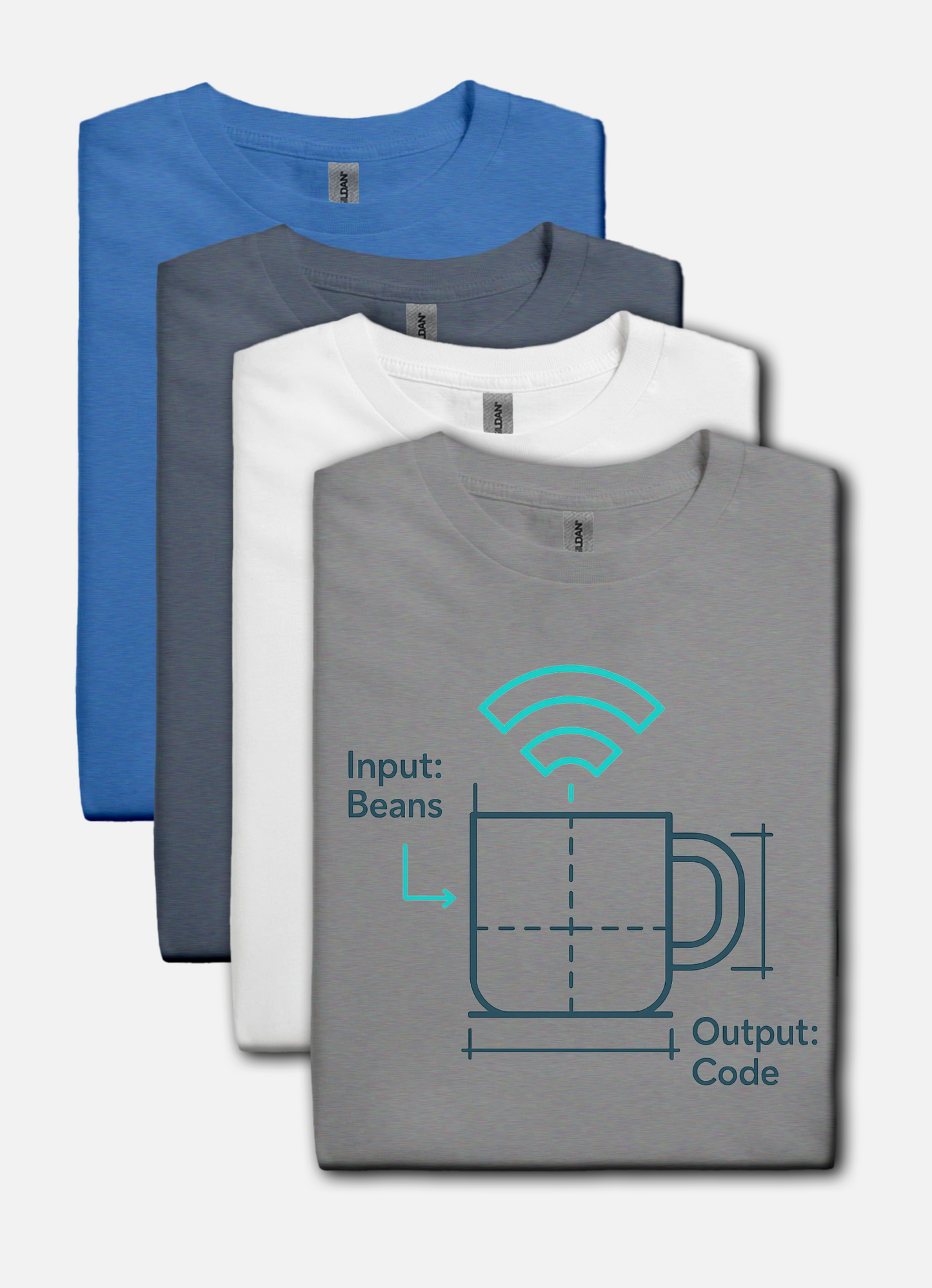Four t-shirts in blue, gray, and white with a graphic design on the gray shirt.