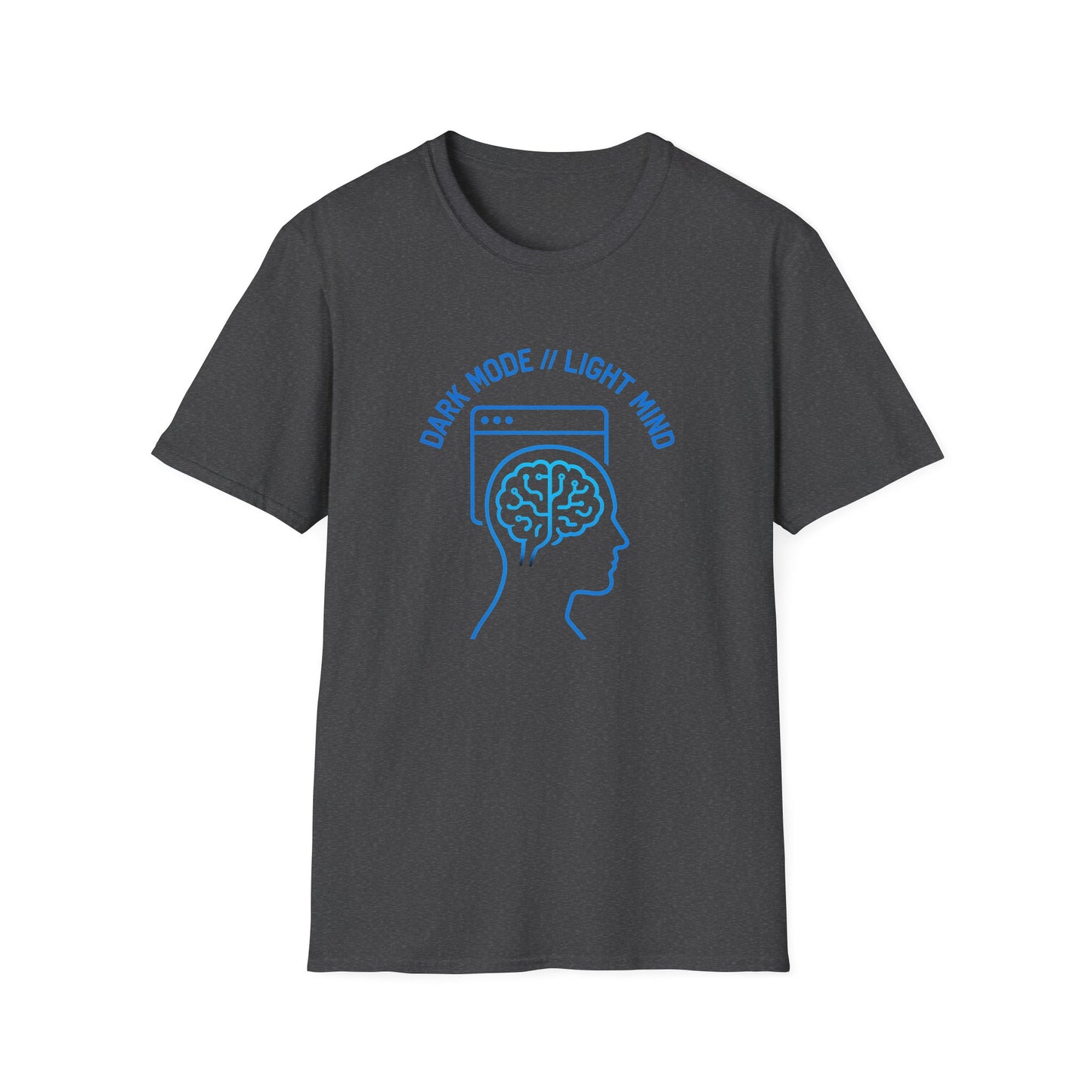 Unisex Gildan 64000 shirt with bold cyberpunk hacker artwork in maker blue and graphite inks.
