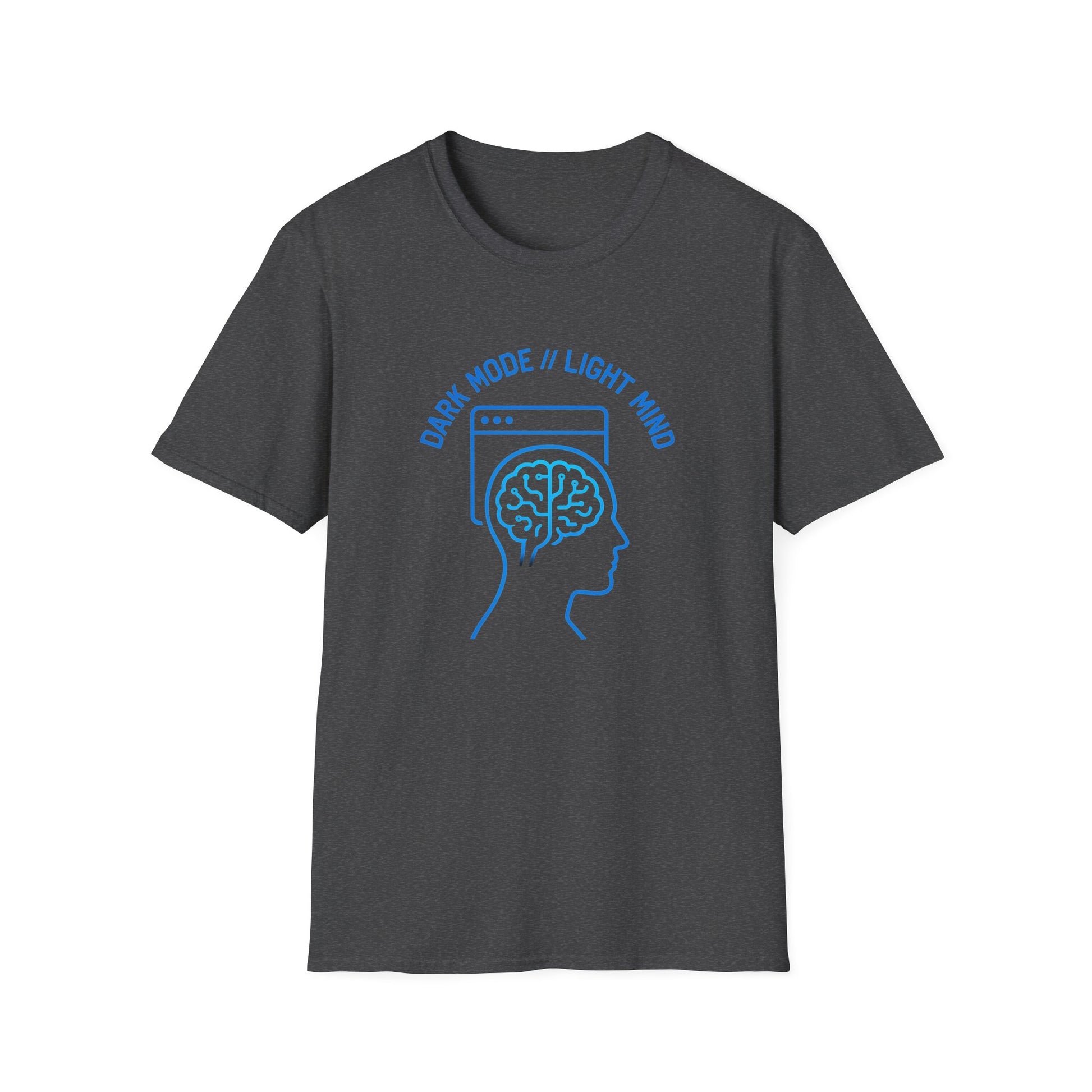 Unisex Gildan 64000 shirt with bold cyberpunk hacker artwork in maker blue and graphite inks.