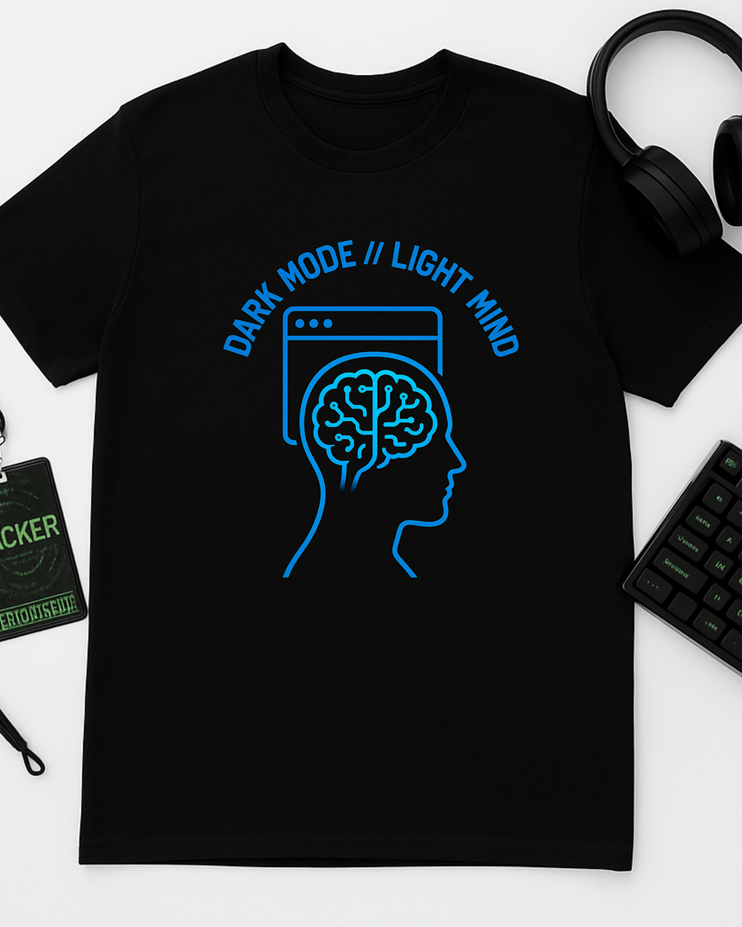 Dark Mode // Light Mind t-shirt with neon-blue circuit brain and retro terminal font on black Gildan 64000.