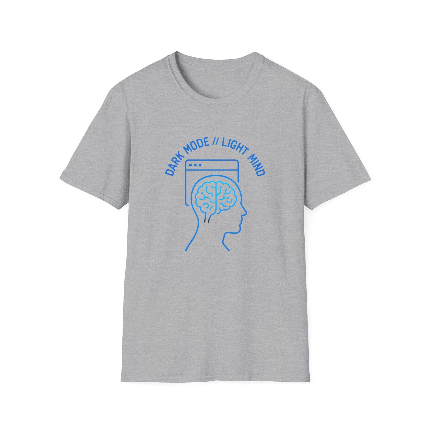 Unisex Gildan 64000 shirt with bold cyberpunk hacker artwork in maker blue and graphite inks.