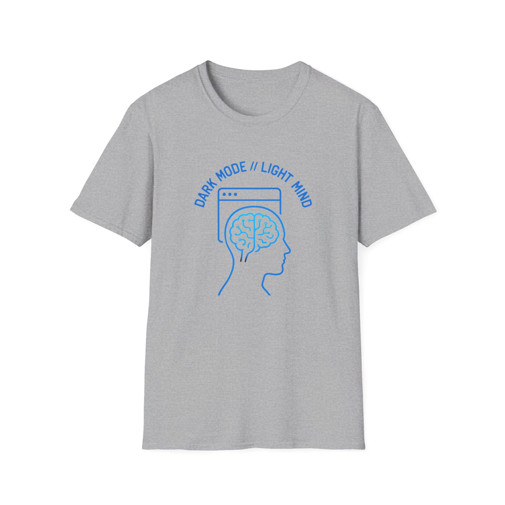Unisex Gildan 64000 shirt with bold cyberpunk hacker artwork in maker blue and graphite inks.