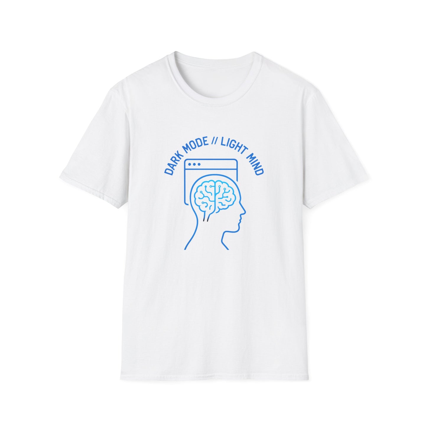 Unisex Gildan 64000 shirt with bold cyberpunk hacker artwork in maker blue and graphite inks.