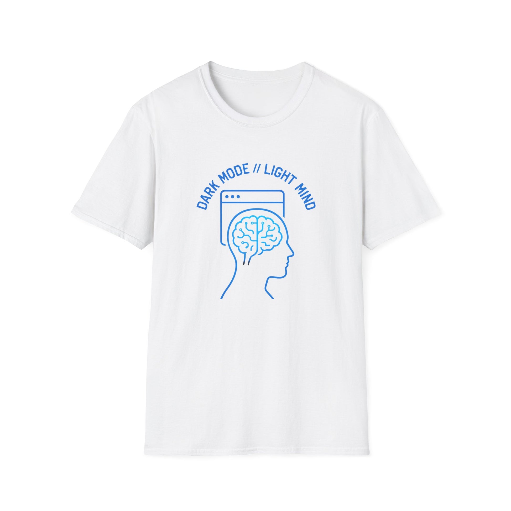 Unisex Gildan 64000 shirt with bold cyberpunk hacker artwork in maker blue and graphite inks.