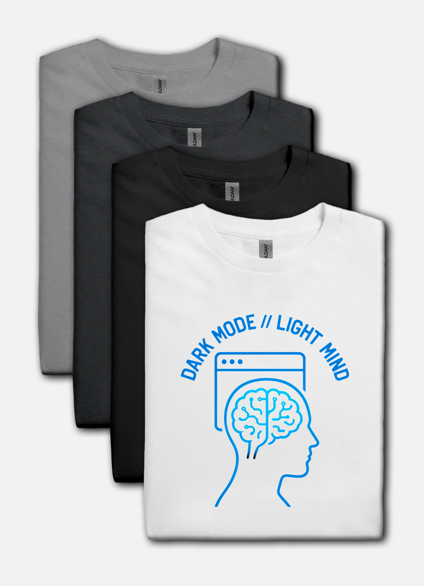 White coder shirt with retro monospaced text ‘Dark Mode // Light Mind’ above a neon circuit brain silhouette.