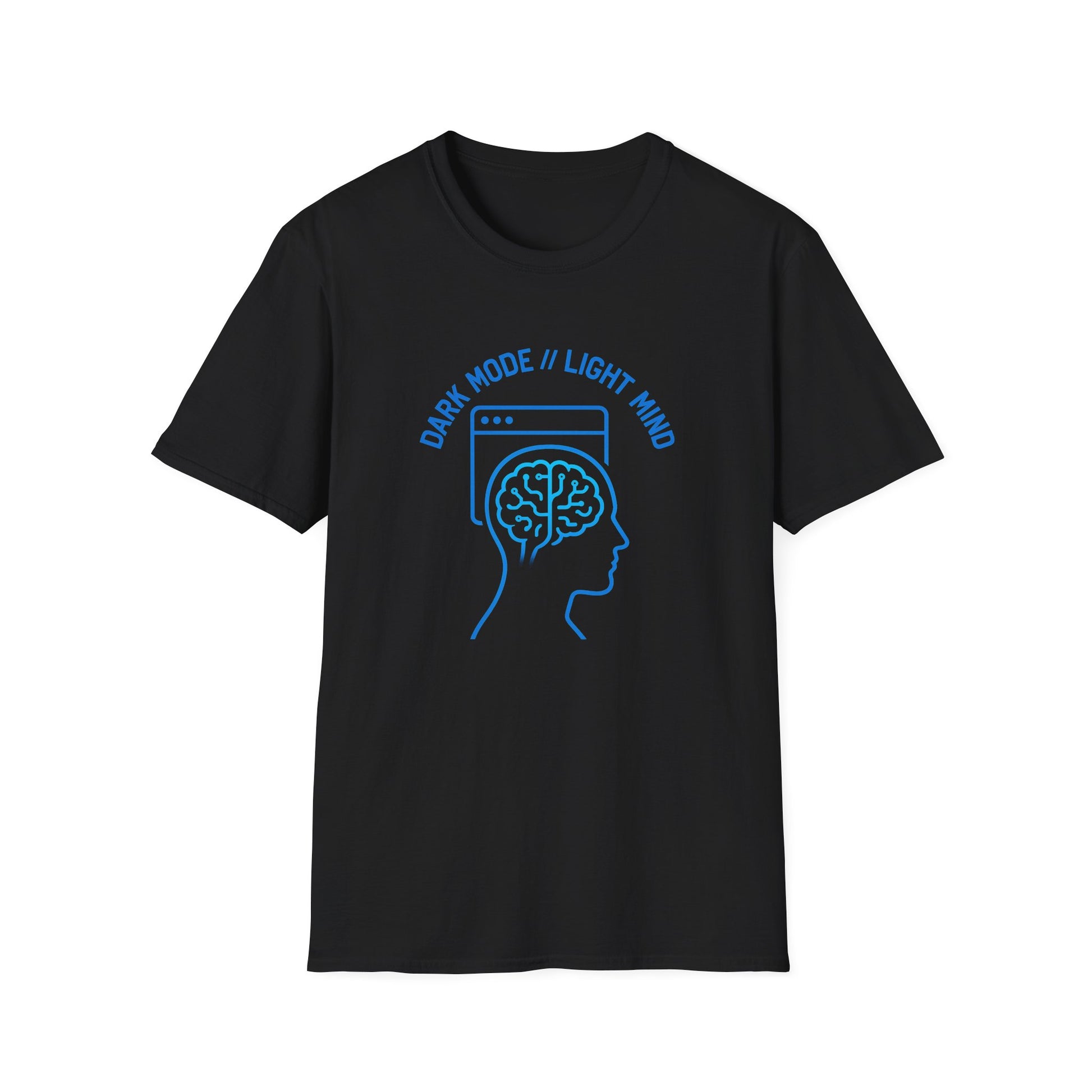 Unisex Gildan 64000 shirt with bold cyberpunk hacker artwork in maker blue and graphite inks.