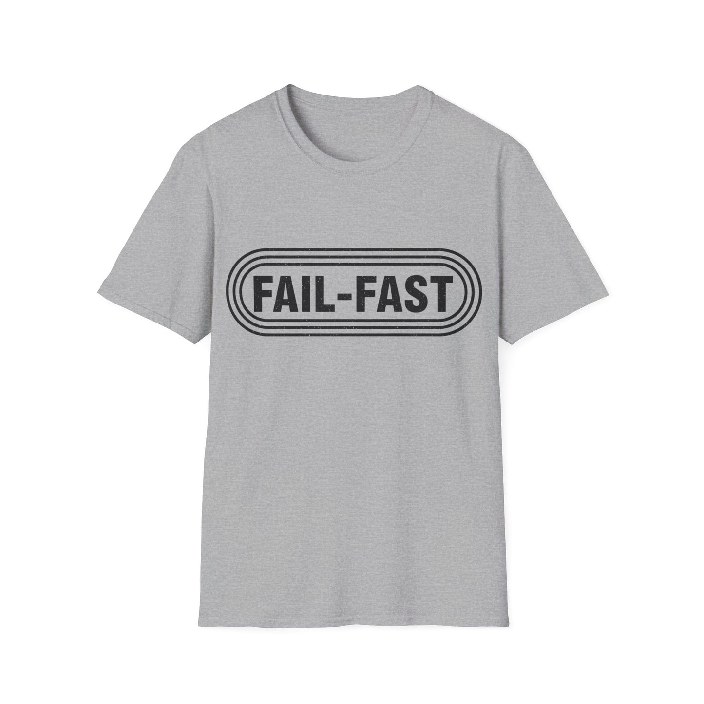 Gray t-shirt with 'FAIL-FAST' text on a white background