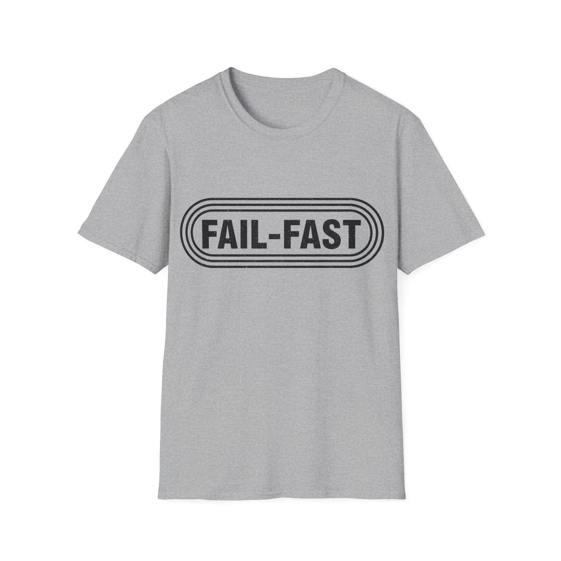 Gray t-shirt with 'FAIL-FAST' text on a white background