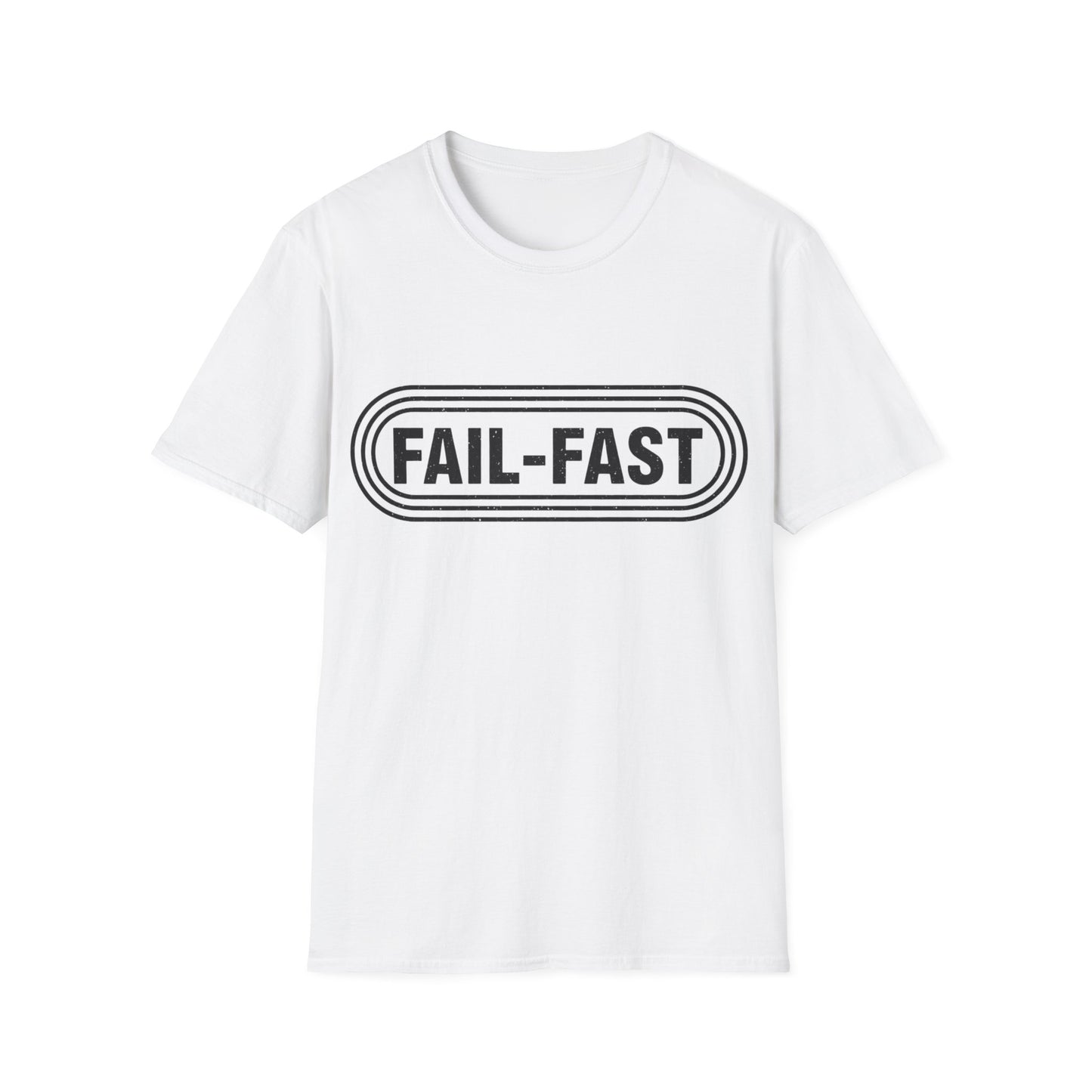 White t-shirt with 'FAIL-FAST' text on a white background