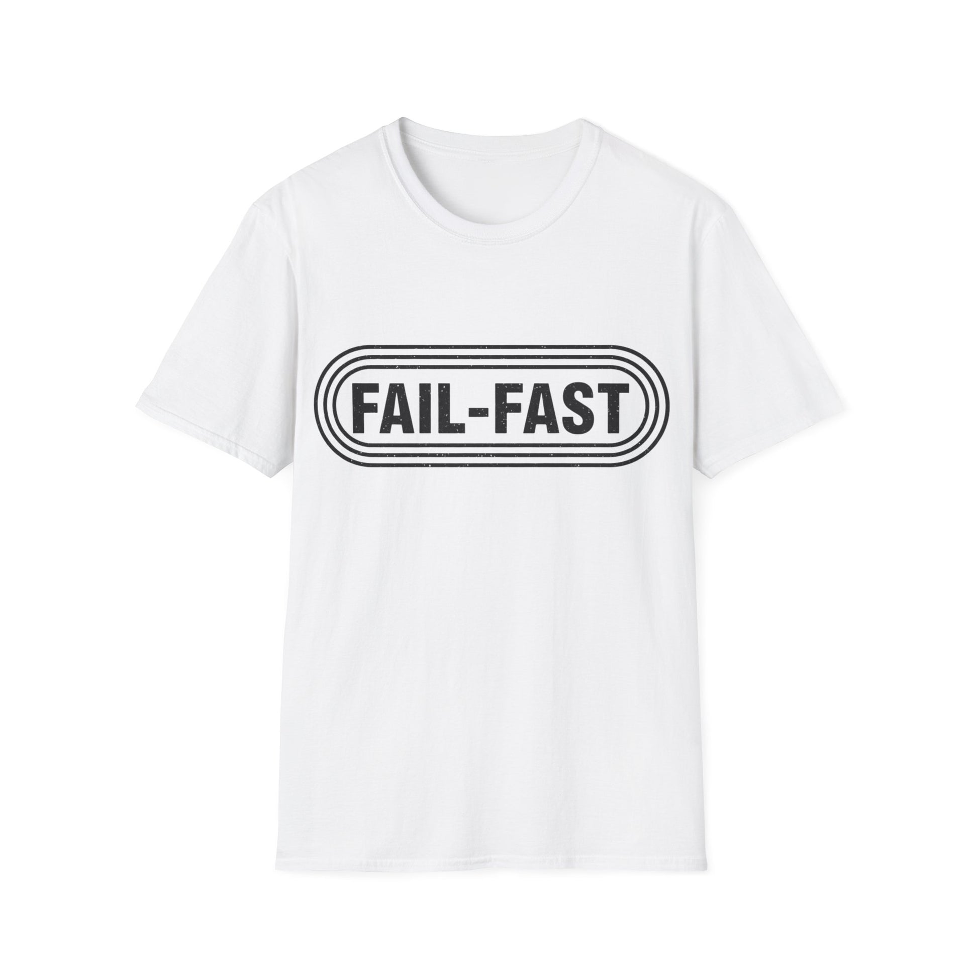 White t-shirt with 'FAIL-FAST' text on a white background