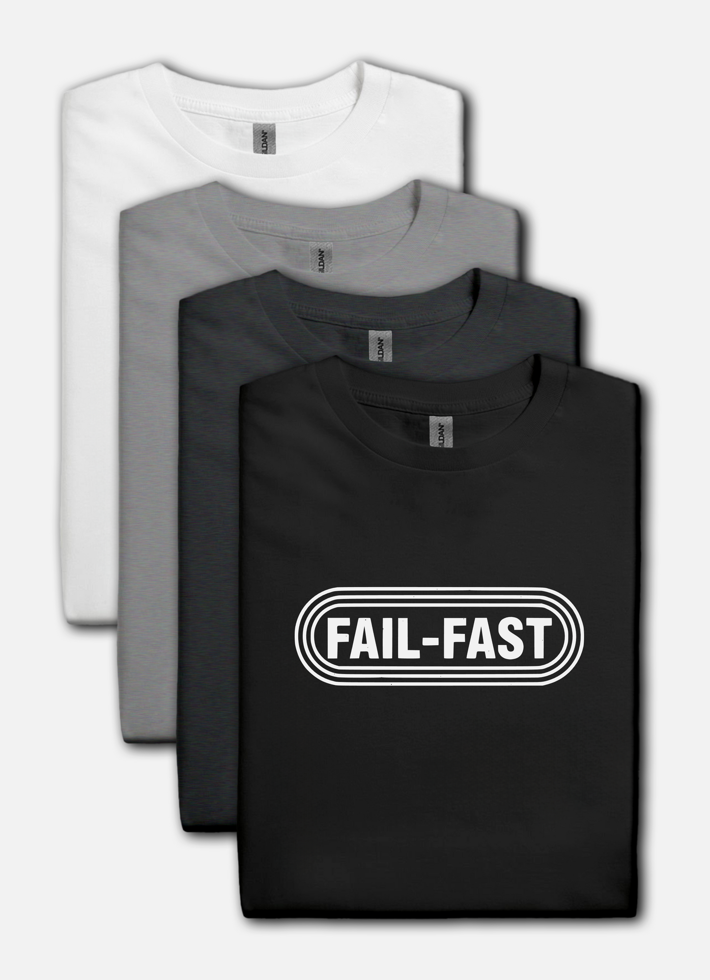 Four t-shirts in black, gray, and white with 'FAIL-FAST' text on a white background